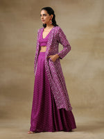 Thumbnail for trueBrowns Purple Bandhani Printed Silk Top Skirt Jacket Set - Distacart
