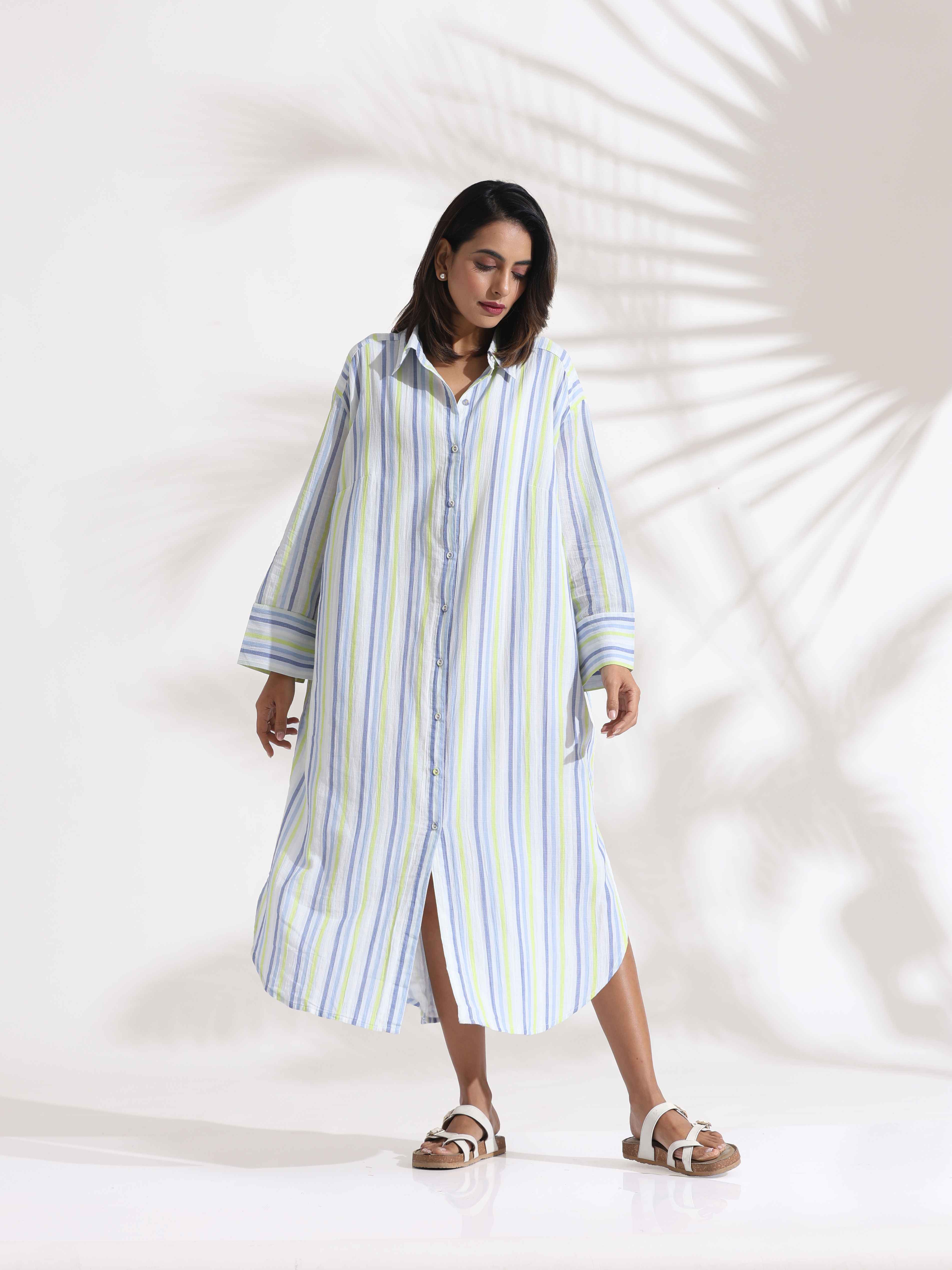trueBrowns White Cotton Multi Stripe Shirt Dress - Distacart