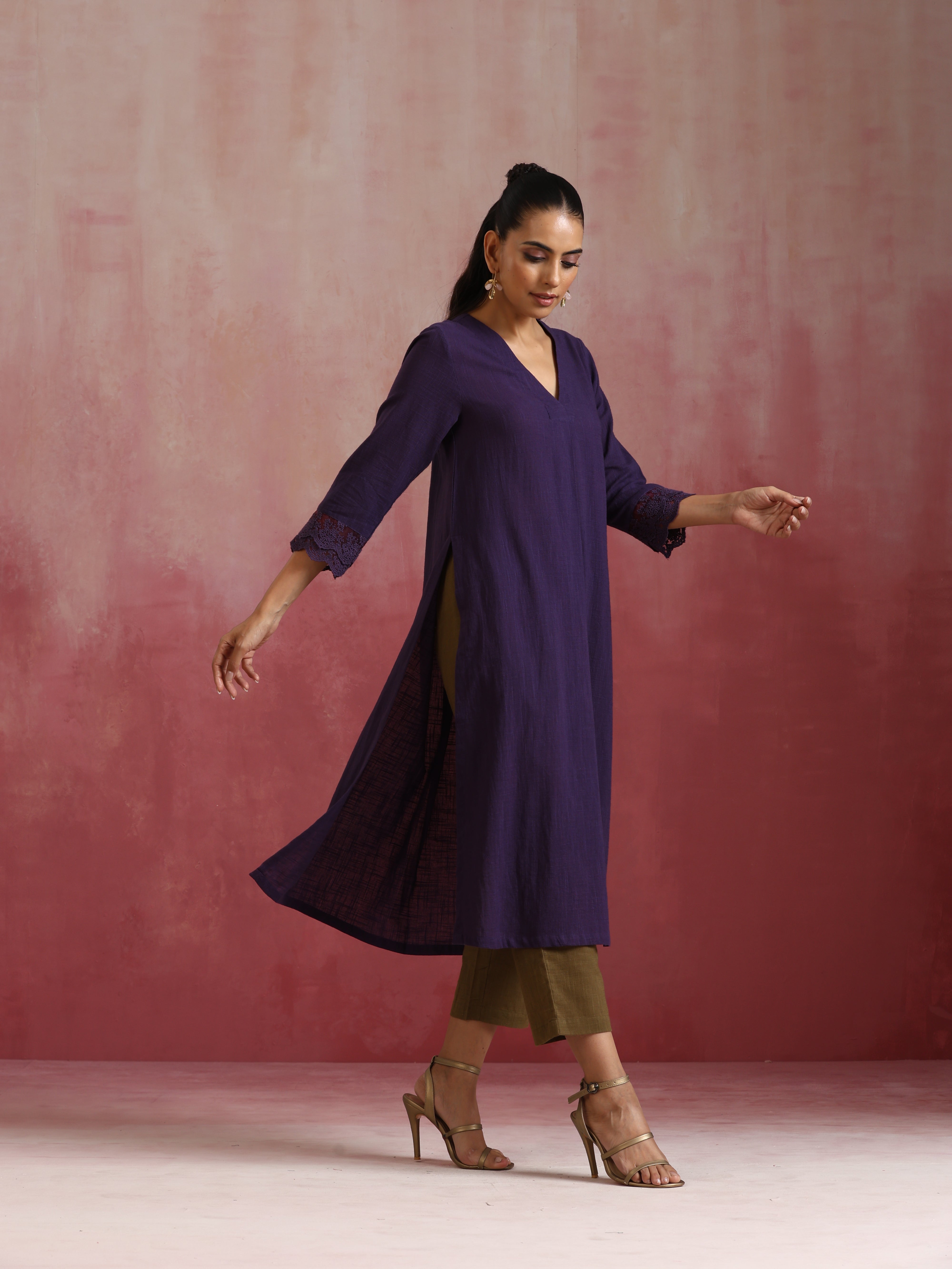 trueBrowns Purple Cotton Dobby Kurta Set - Distacart