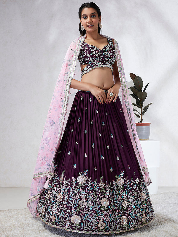 House of Panchhi Teal Pure Georgette Sequins And Thread Embroidery Lehenga Choli & Dupatta - Distacart