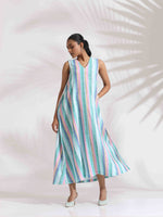 Thumbnail for trueBrowns Green Cotton Multi Stripe Flared Dress