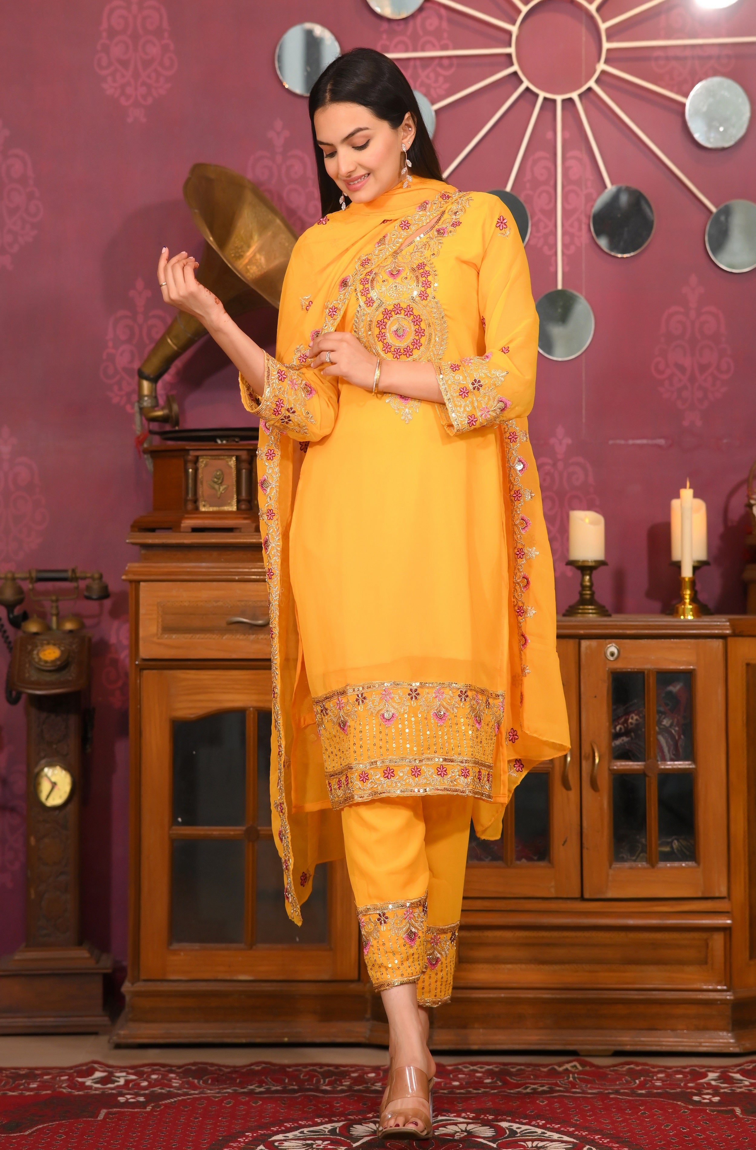 Teeya Creation Yellow Color Faux Georgette Silk Heavy Embroidery Work Fully Stitched Salwar Suit - Distacart