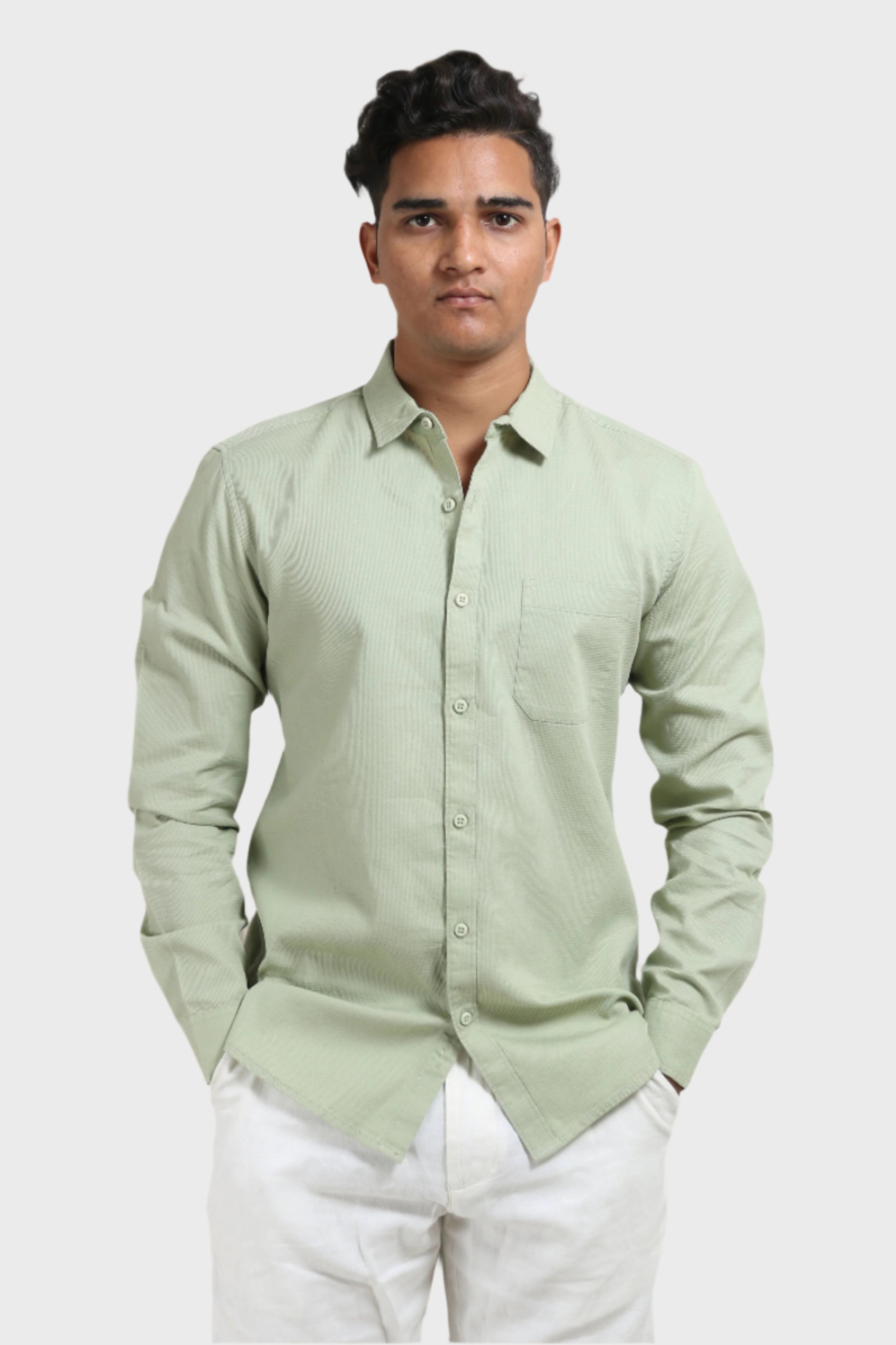 Xkind Pista Green Textured Slim Fit Shirt