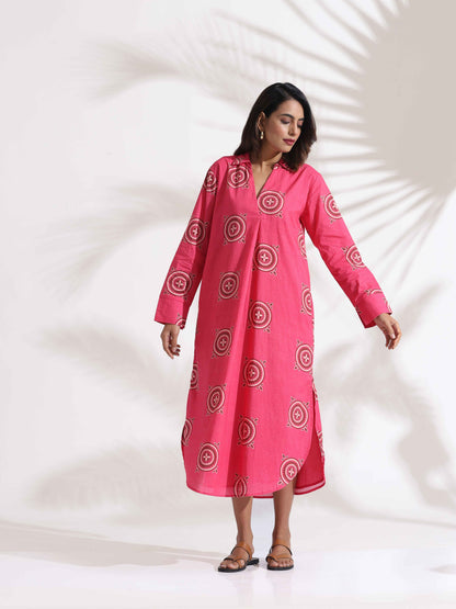 trueBrowns Pink Cotton Print A-line Dress - Distacart