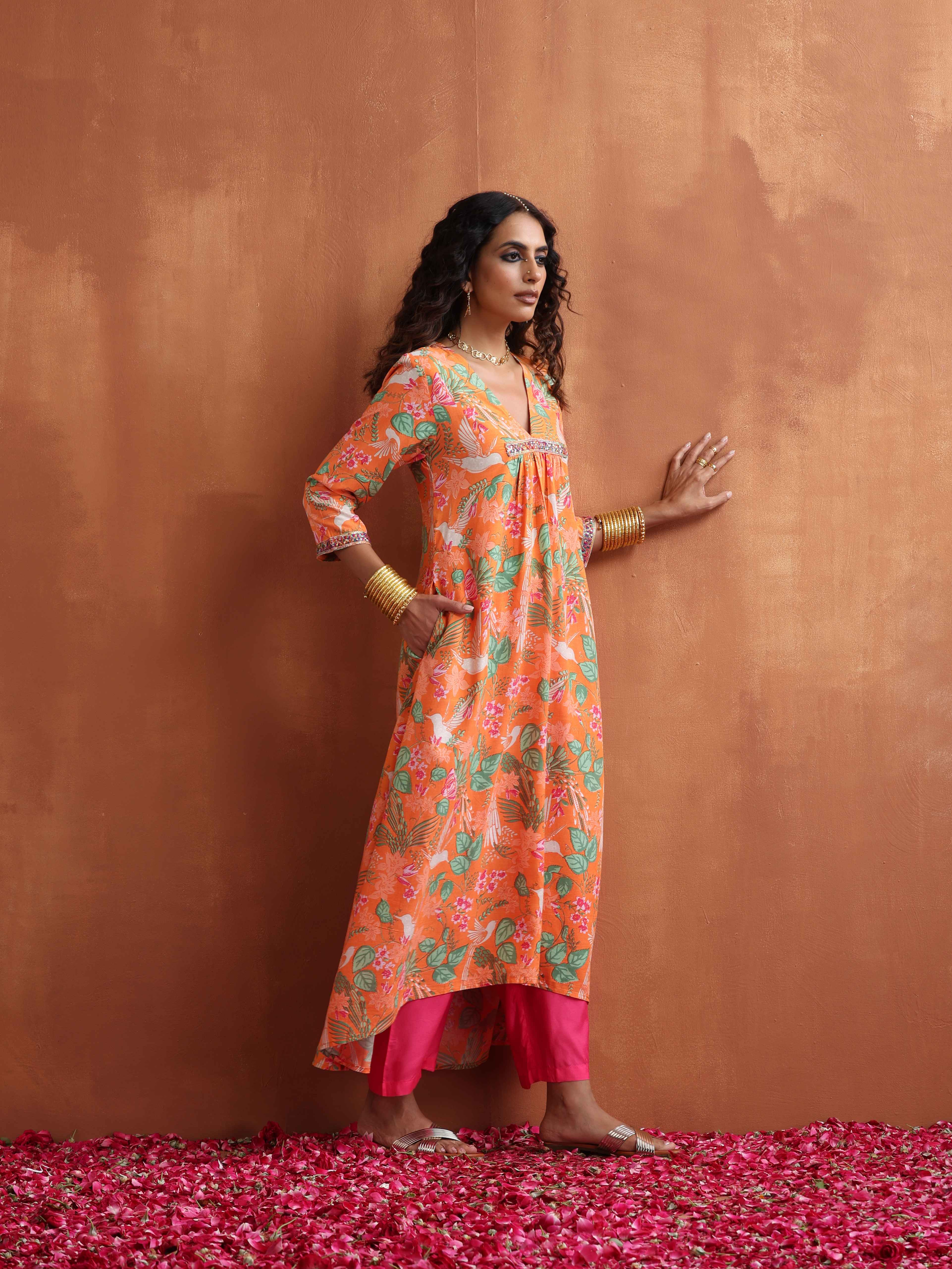 trueBrowns Orange Floral Print A-line Kurta Set - Distacart