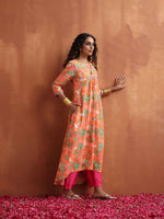 Thumbnail for trueBrowns Orange Floral Print A-line Kurta Set - Distacart