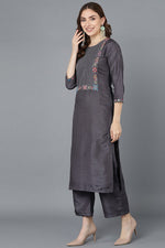 Thumbnail for Ahika Women Charcoal Poly Silk Embroidered Kurta Trousers With Dupatta
