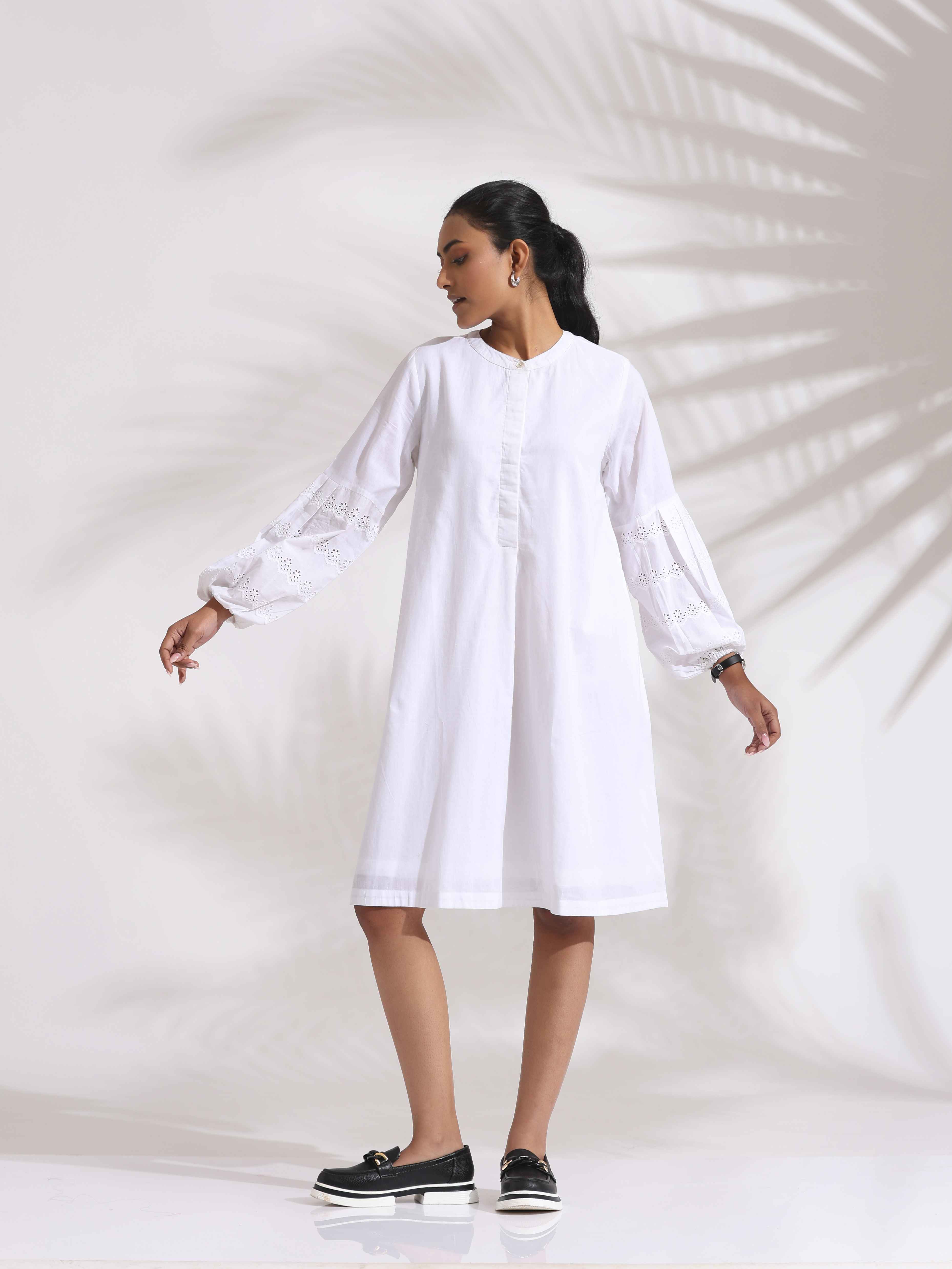 trueBrowns White Cotton Schiffli Short Dress - Distacart