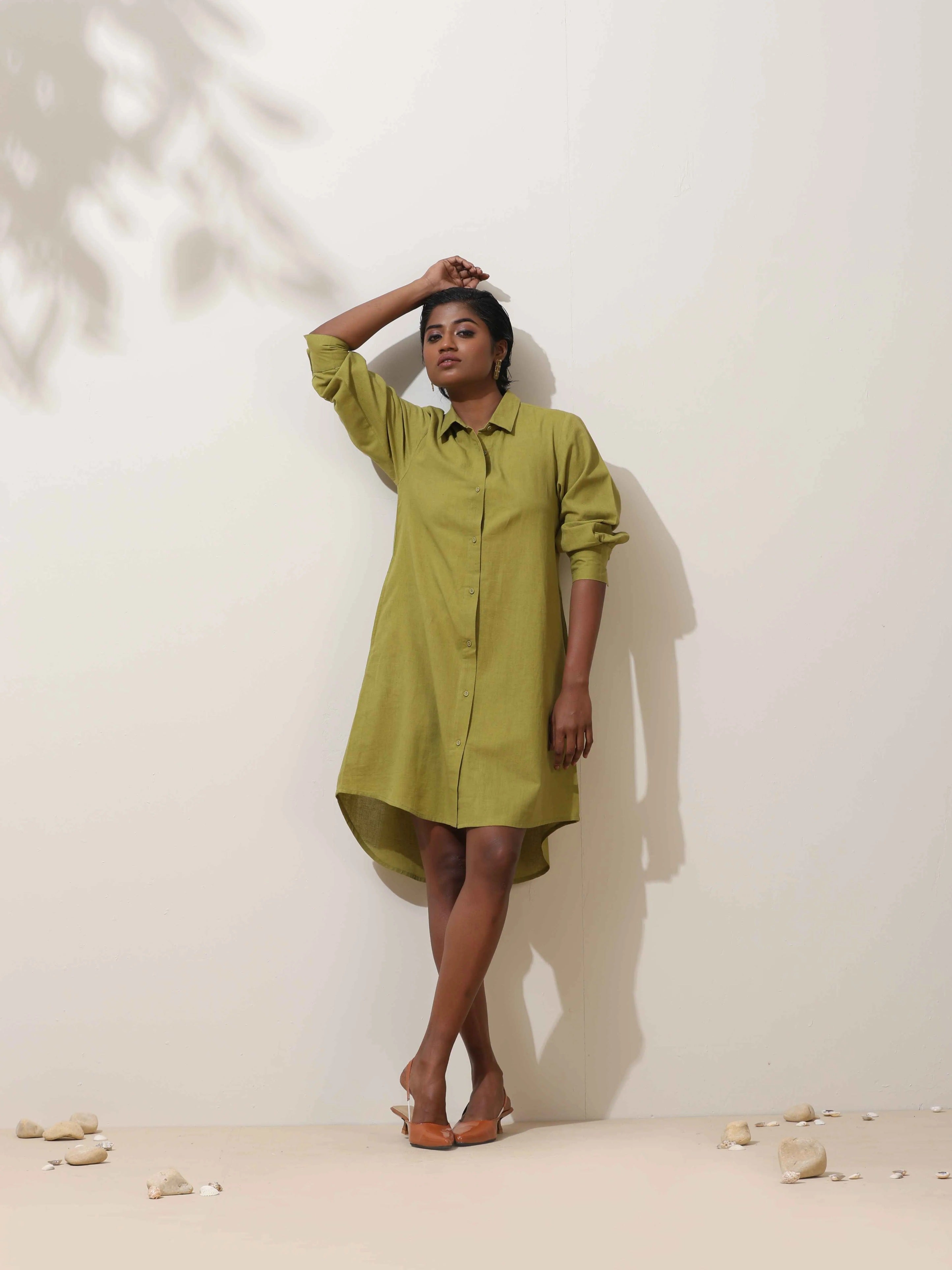 trueBrowns Pear Green Cotton Linen Dress - Distacart
