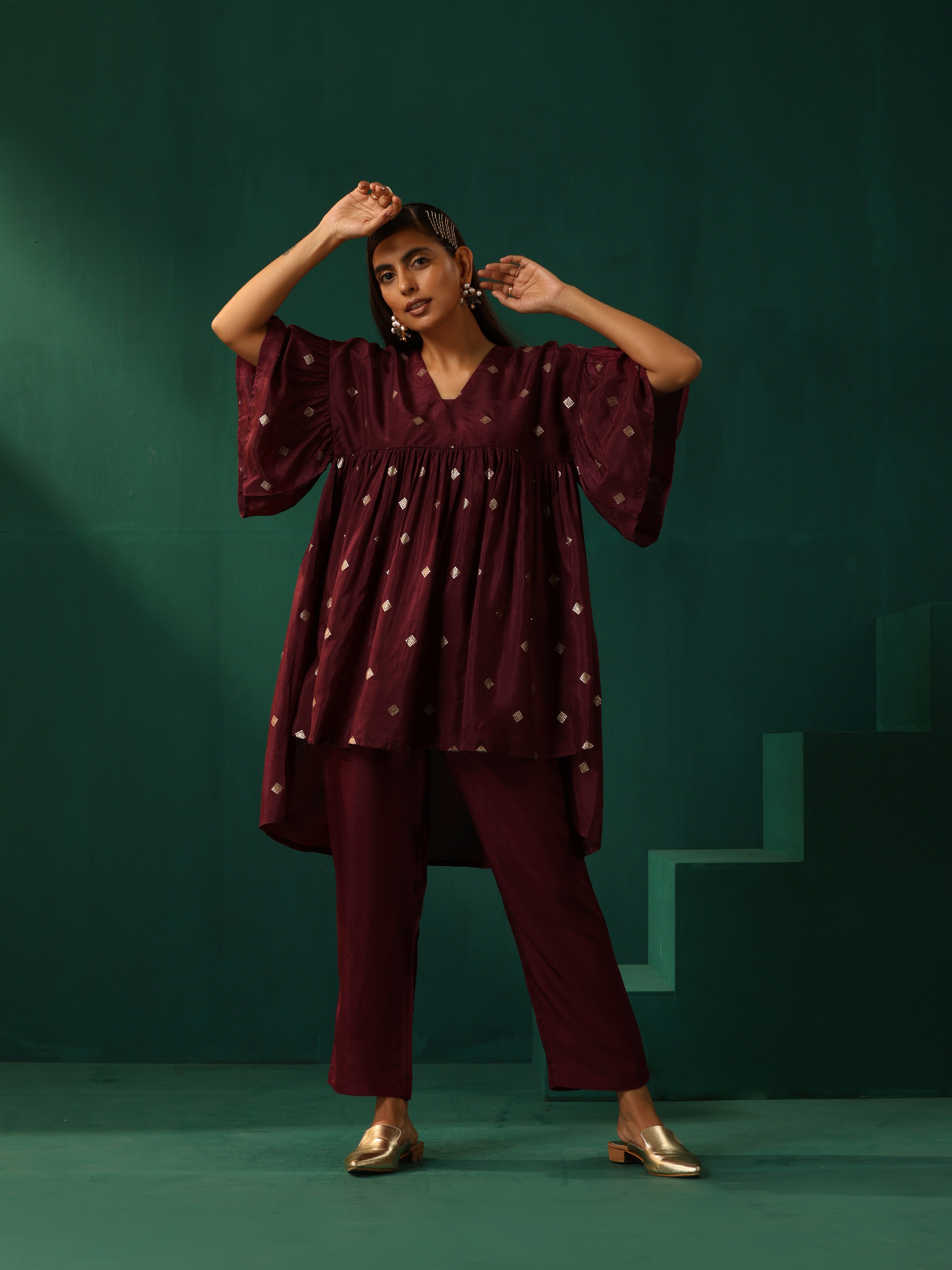 trueBrowns Wine Diamond Viscose Silk Waist Sleeve Gathered Co-ord Set - Distacart