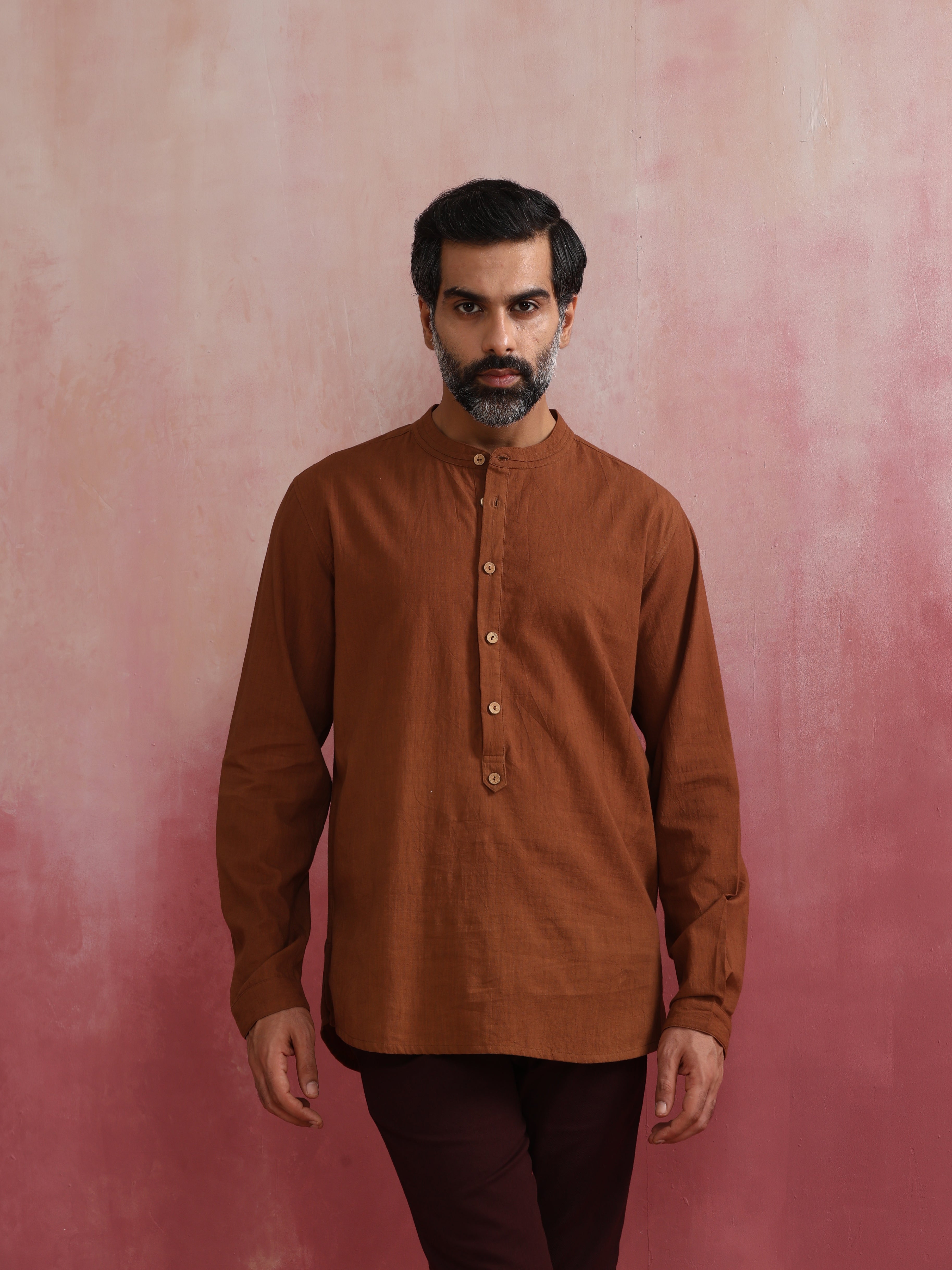 trueBrowns Men's Brown Cotton Mandarin Collar Stylized Kurta - Distacart
