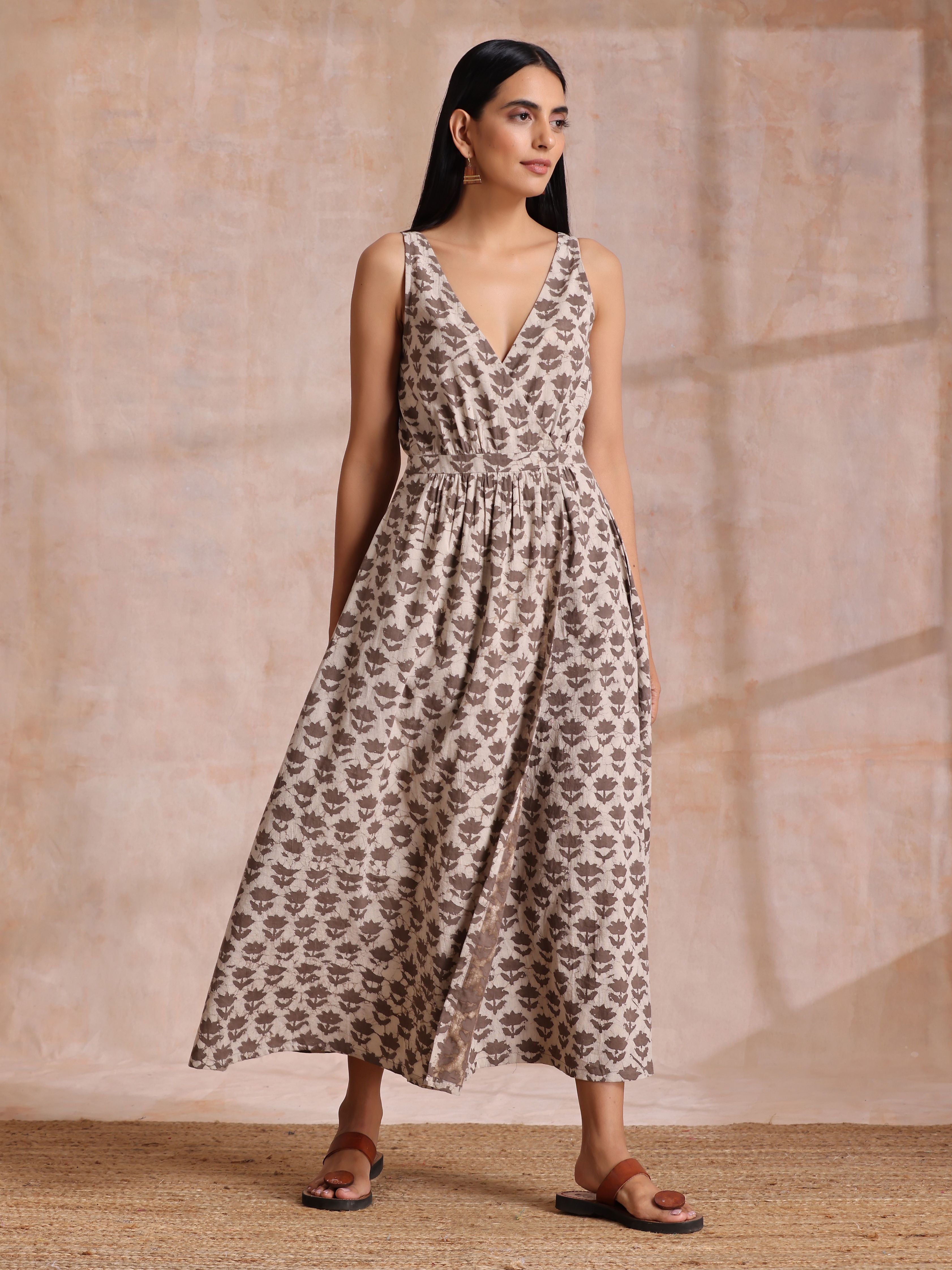 trueBrowns Clay Dabu Buta Print Cotton Sleeveless Wrap Dress - Distacart