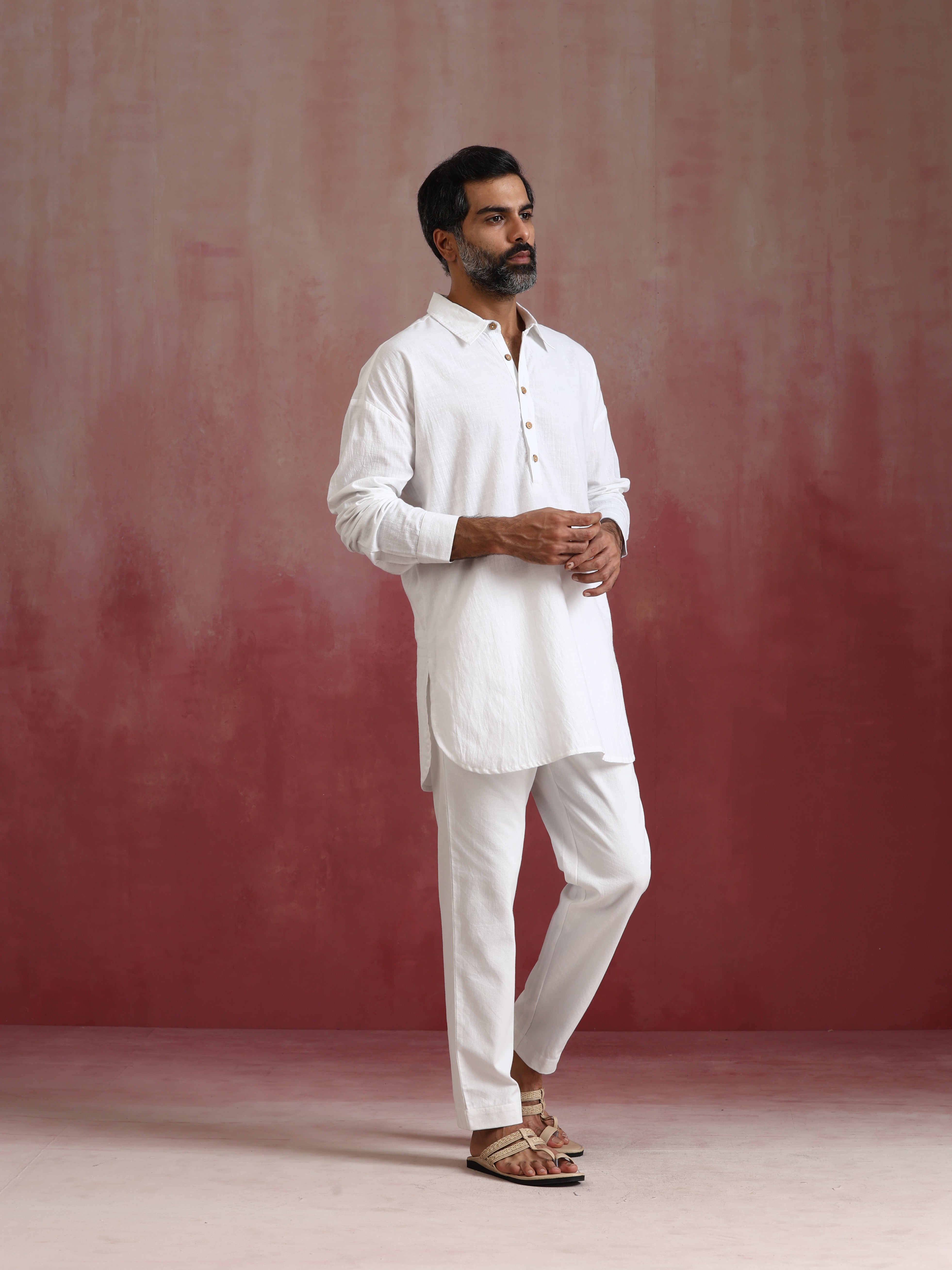 trueBrowns Men's White Cotton Shirt Collar Stylized Kurta Co-ord set - Distacart