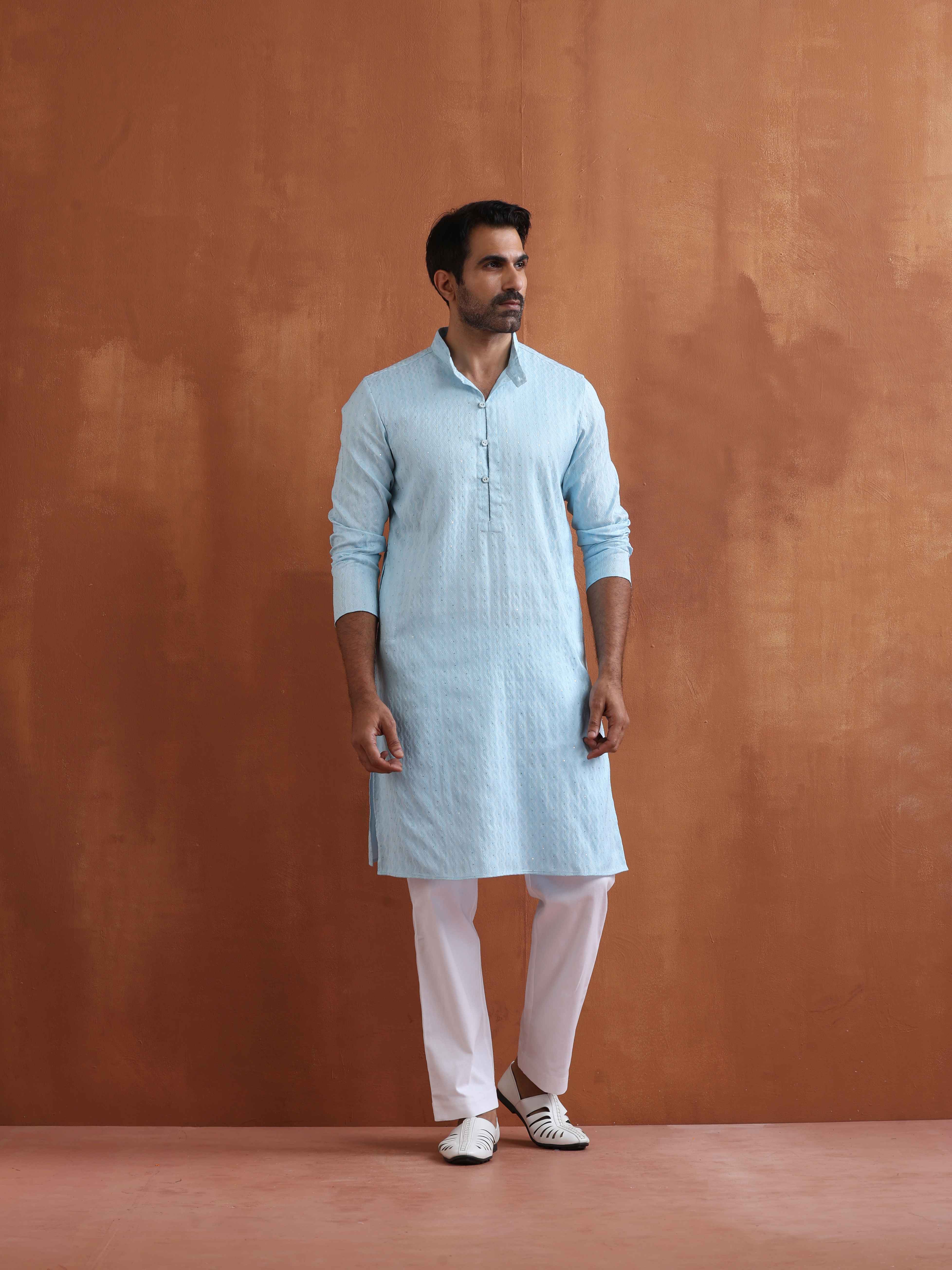 trueBrowns Men's Blue Sequin Chanderi Kurta - Distacart