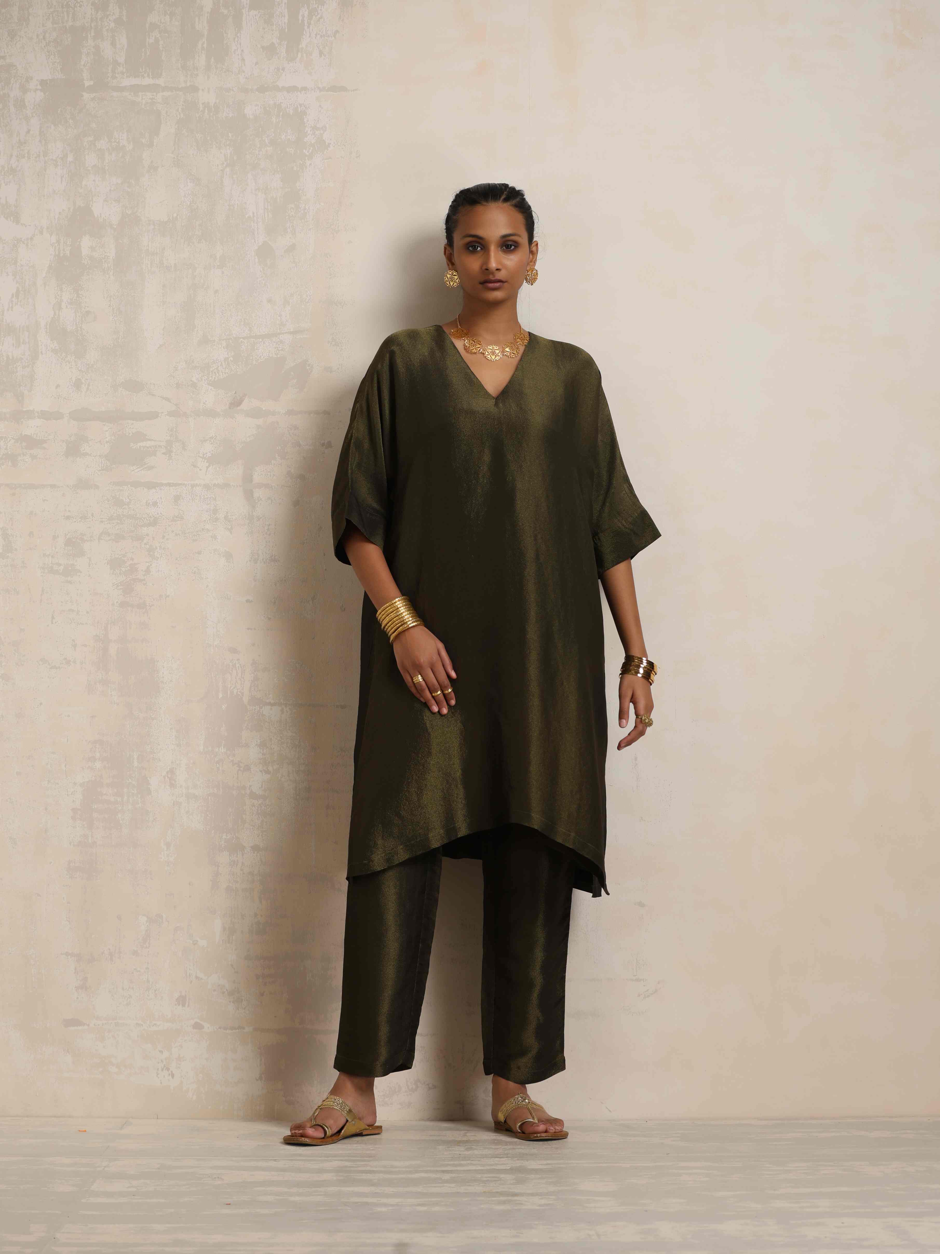 trueBrowns Olive Green Tissue Kurta Co-ord Set - Distacart
