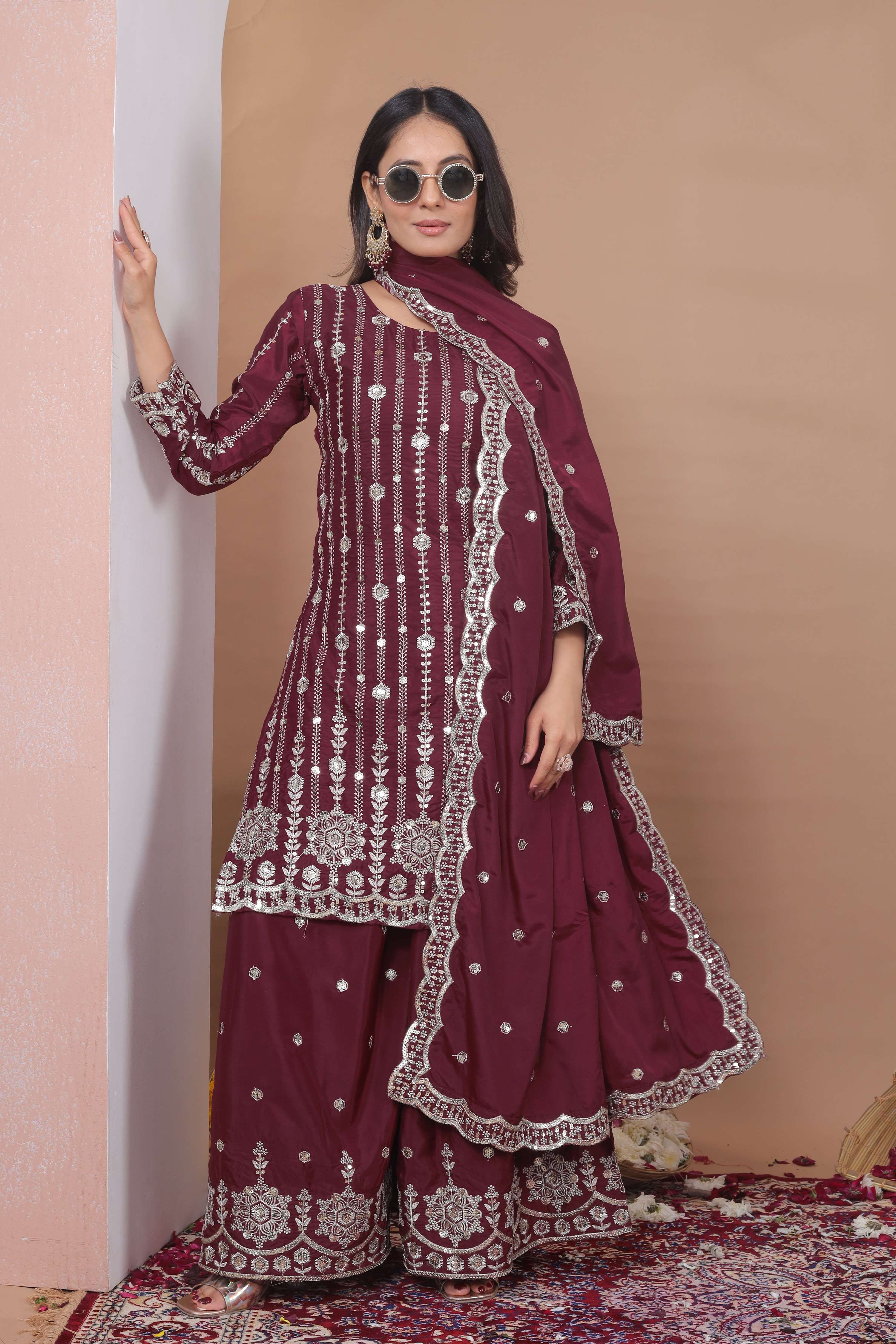 Yash Enterprise Maroon Crepe Silk Party Wear Embroidery Sharara Suit Set - Dista