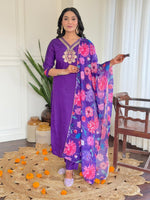Thumbnail for The52 Women's Beautiful Roman Silk Embroidered Straight Kurta with Pant And Dupatta Set