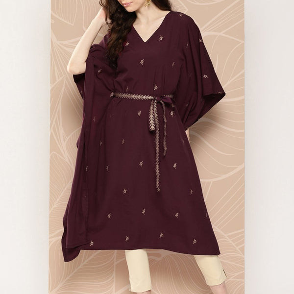 Ahalyaa Women Floral Printed Flared Sleeves Belted Detail Crepe Kaftan Kurta - Distacart