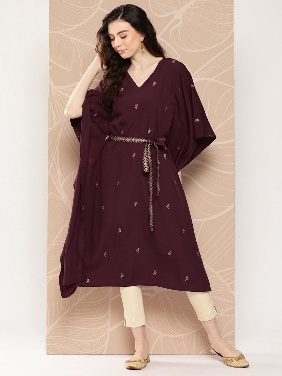 Ahalyaa Women Floral Printed Flared Sleeves Belted Detail Crepe Kaftan Kurta - Distacart