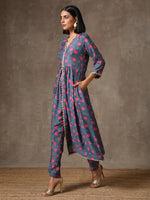 Thumbnail for trueBrowns Blue Pink Printed Silk Kurta Pant Set - Distacart
