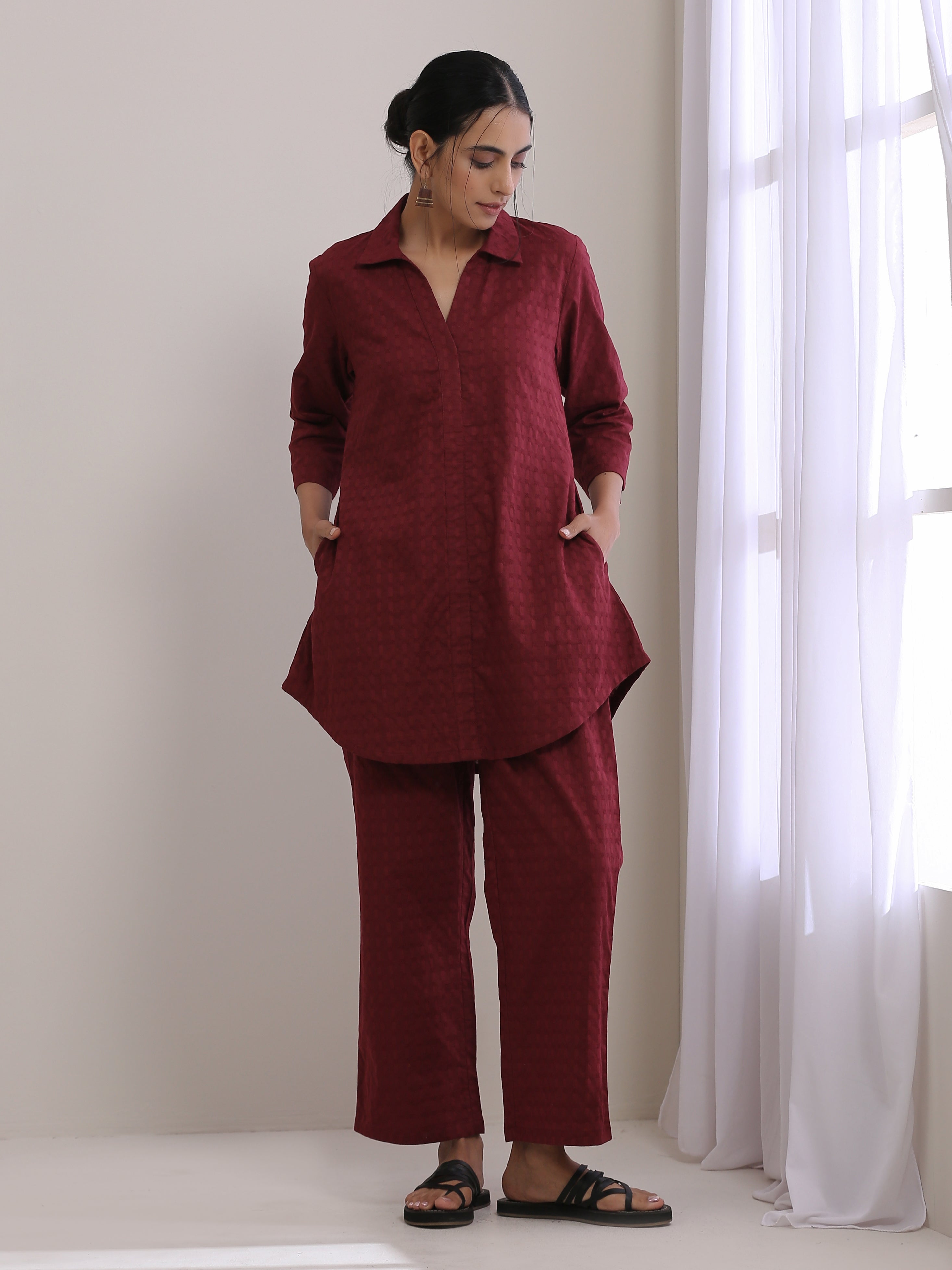 trueBrowns Ruby Wine Dobby Collar Short Co-Ord Set - Distacart