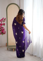 Thumbnail for Evanik Purple Mos Silk With Handwork Butterfly Design Saree With Unstitched Blouse