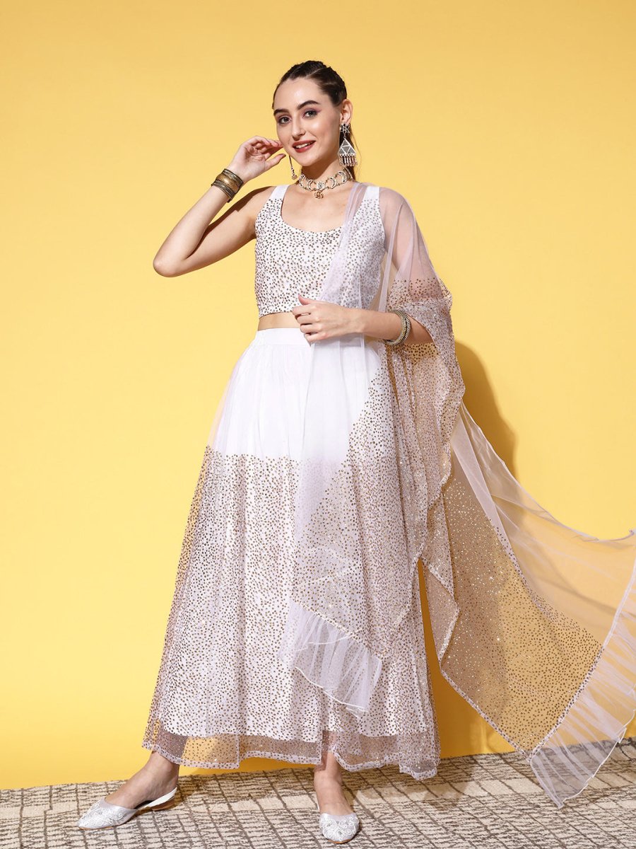 Ahalyaa White & Gold-Toned Printed Ready to Wear Lehenga & Blouse With Dupatta - Distacart