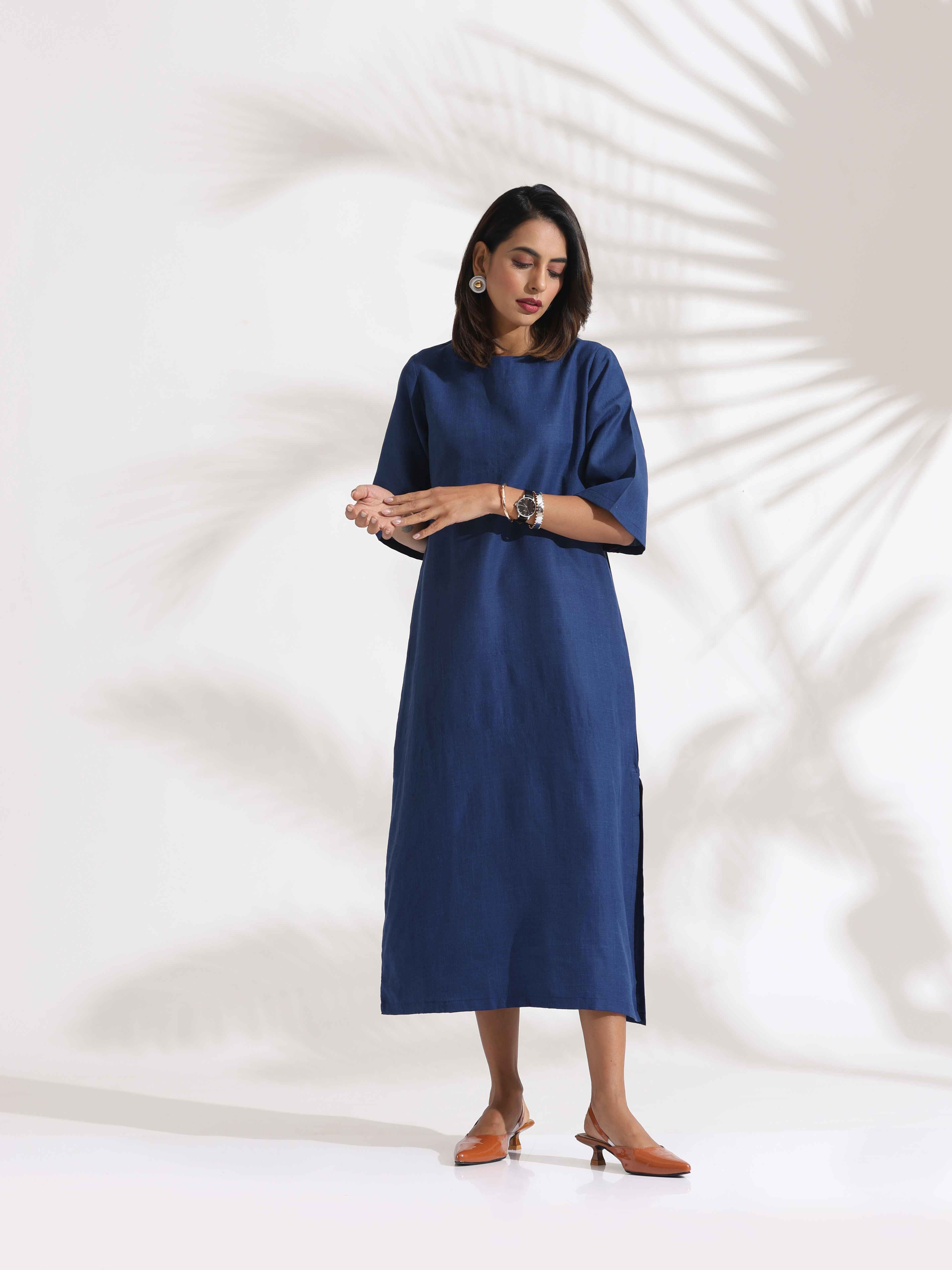 trueBrowns Blue Slub Dress - Distacart