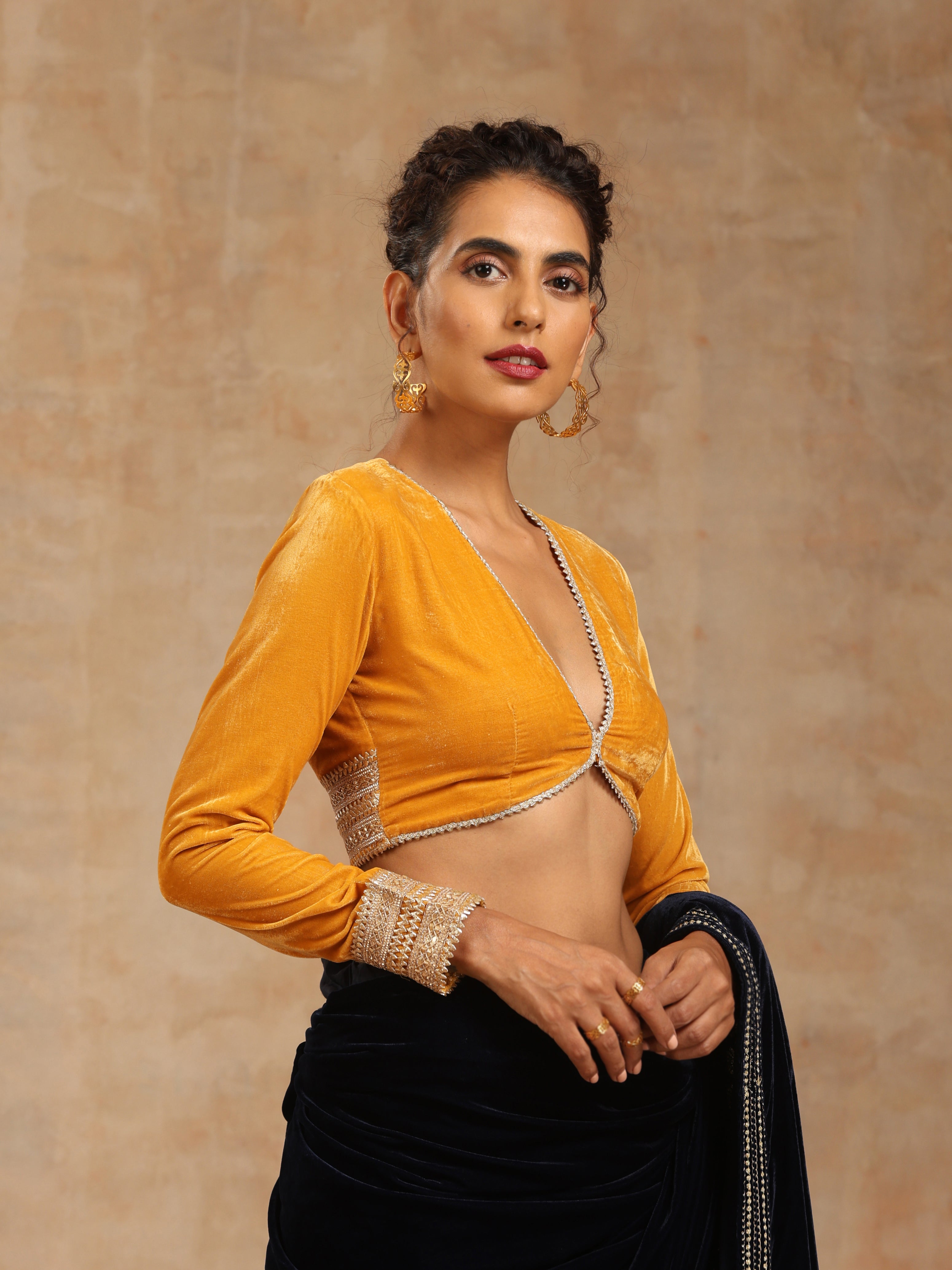 trueBrowns Mustard Velvet Lace Blouse - Distacart