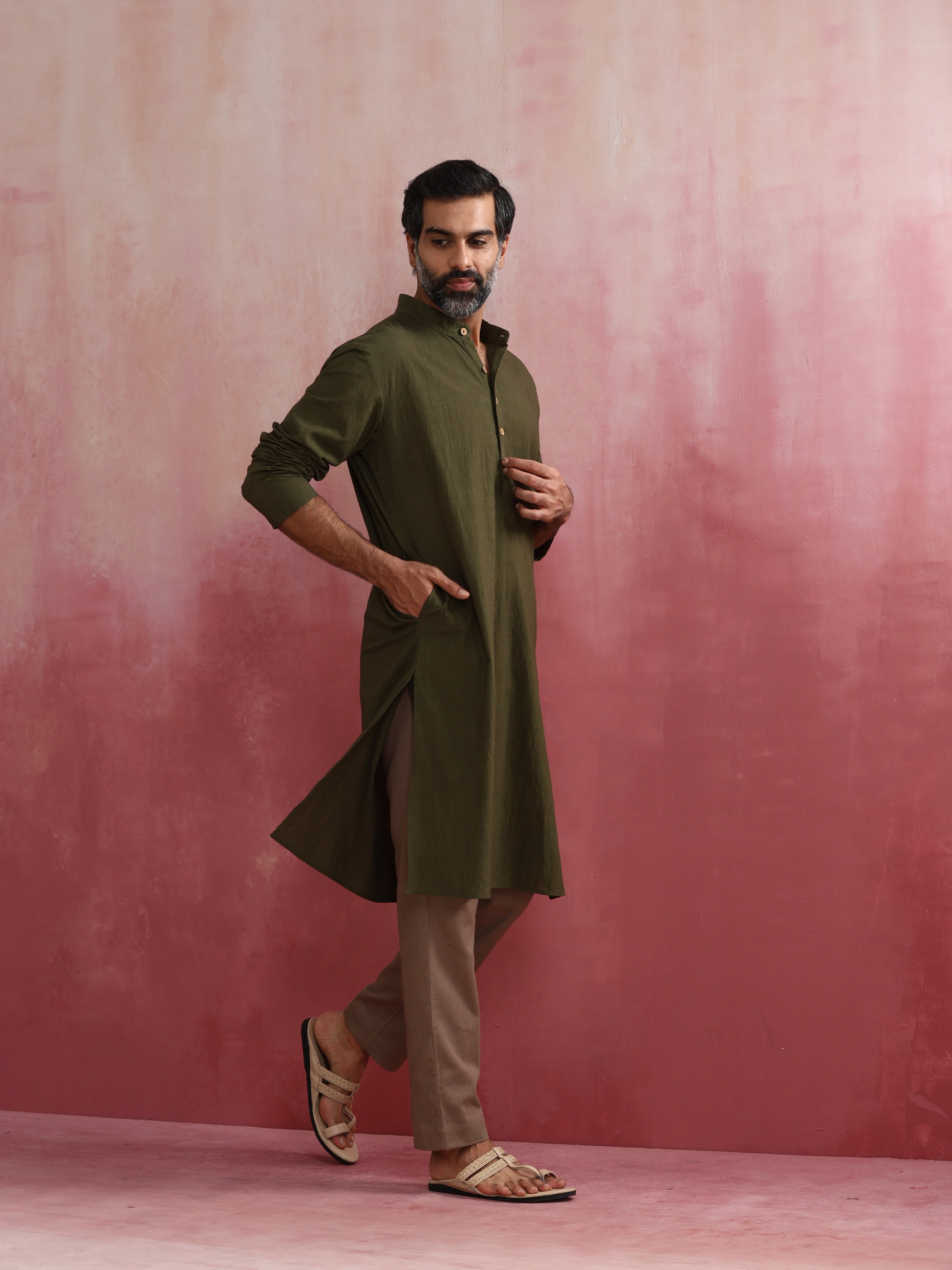 trueBrowns Men's Olive green Mandarin Collar Kurta - Distacart