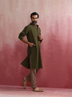 Thumbnail for trueBrowns Men's Olive green Mandarin Collar Kurta - Distacart