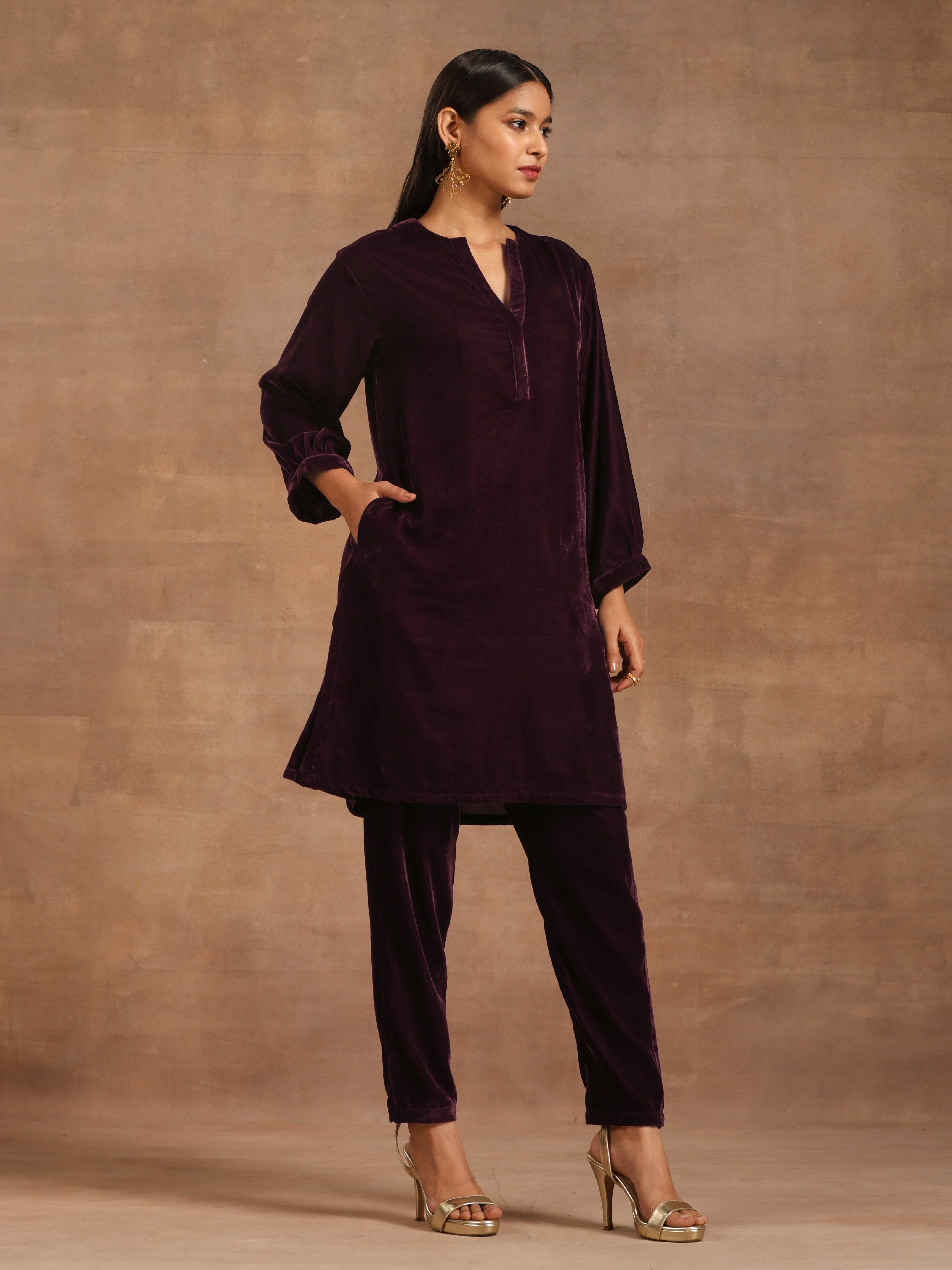 trueBrowns Wine Velvet Solid Co-ord Set - Distacart