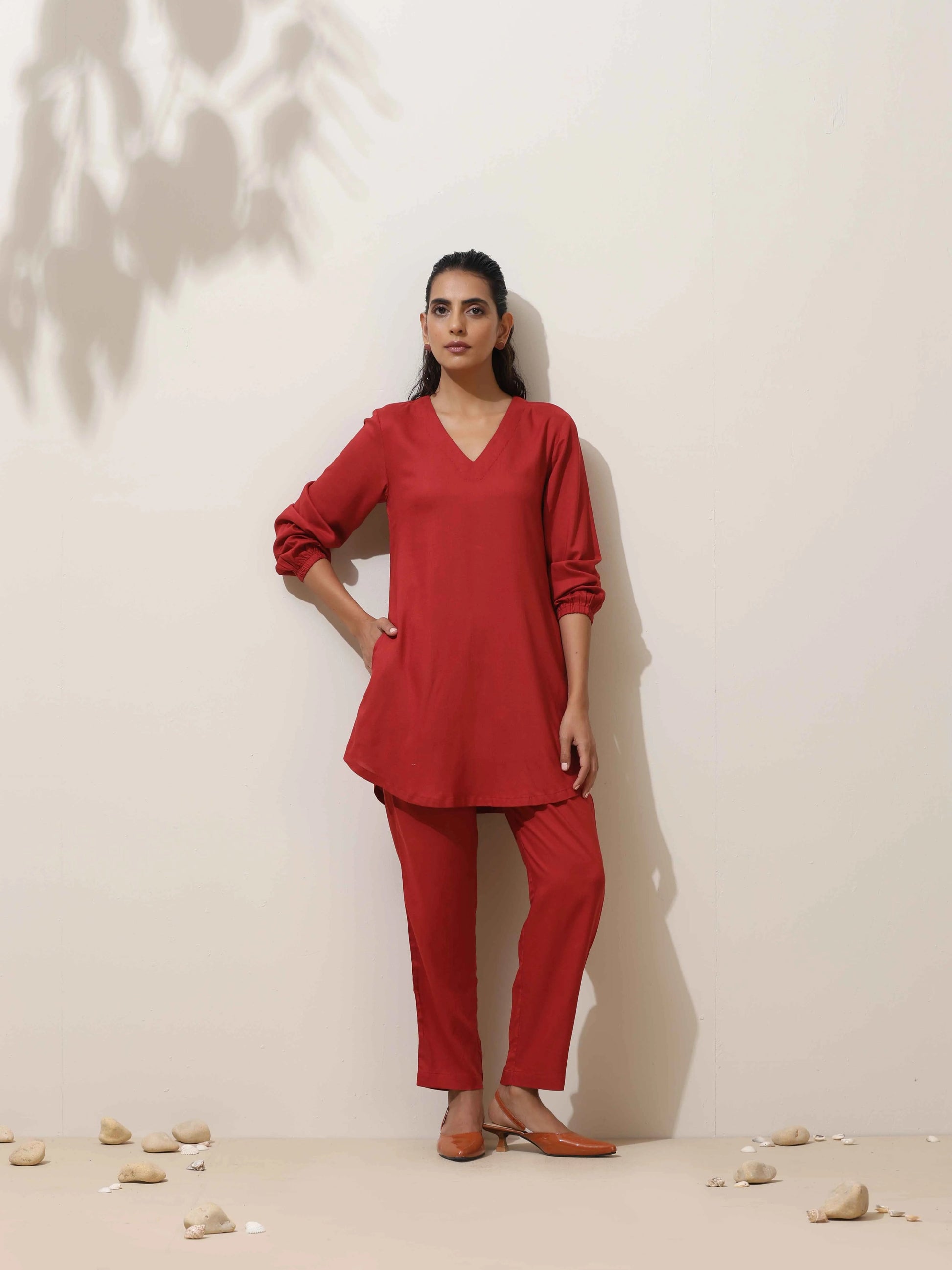 trueBrowns Maroon Viscose Co-ord Set - Distacart