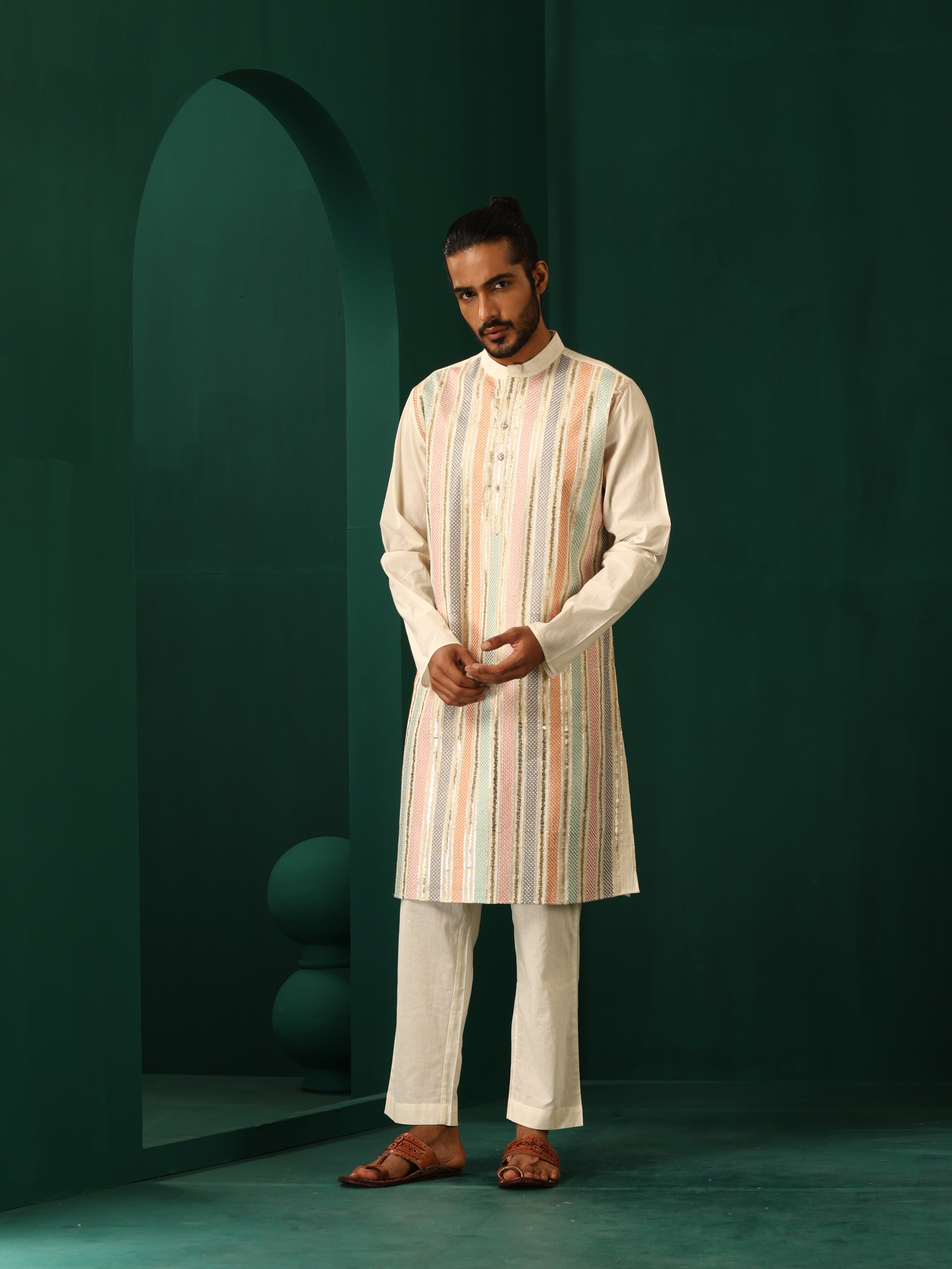 trueBrowns Men's Ivory Multi Colour Striped Cotton Kurta - Distacart