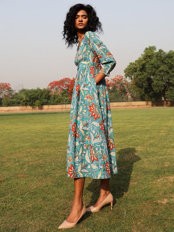 trueBrowns Teal Cotton Block Print Wrap Dress - Distacart