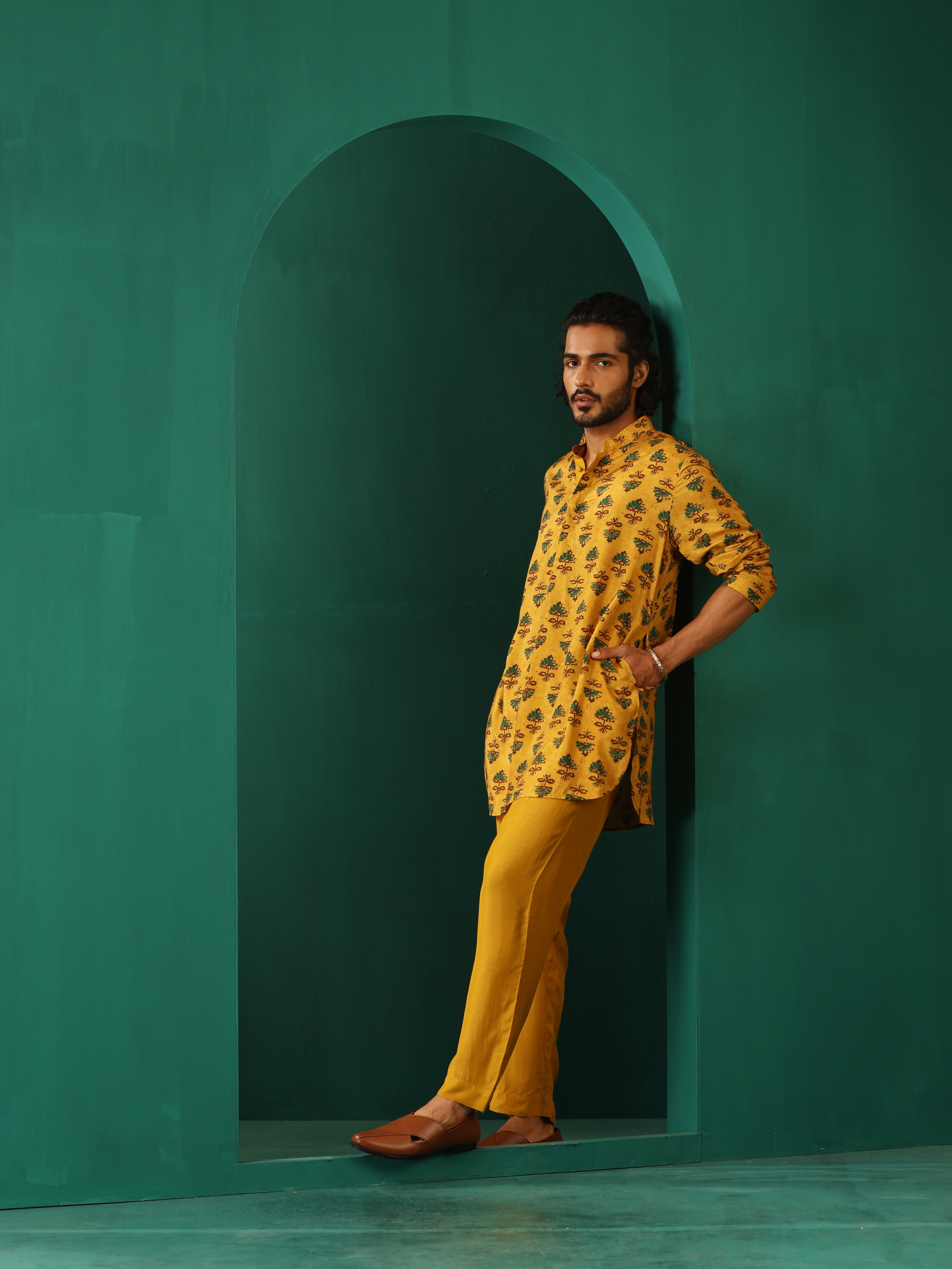 trueBrowns Men's Mustard Flower Stem Muslin Silk Printed Co-ord Set - Distacart