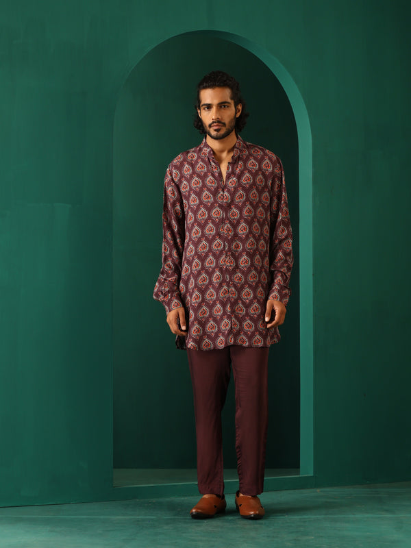 trueBrowns Men's Deep Purple Paan Muslin Silk Printed Co-ord Set - Distacart