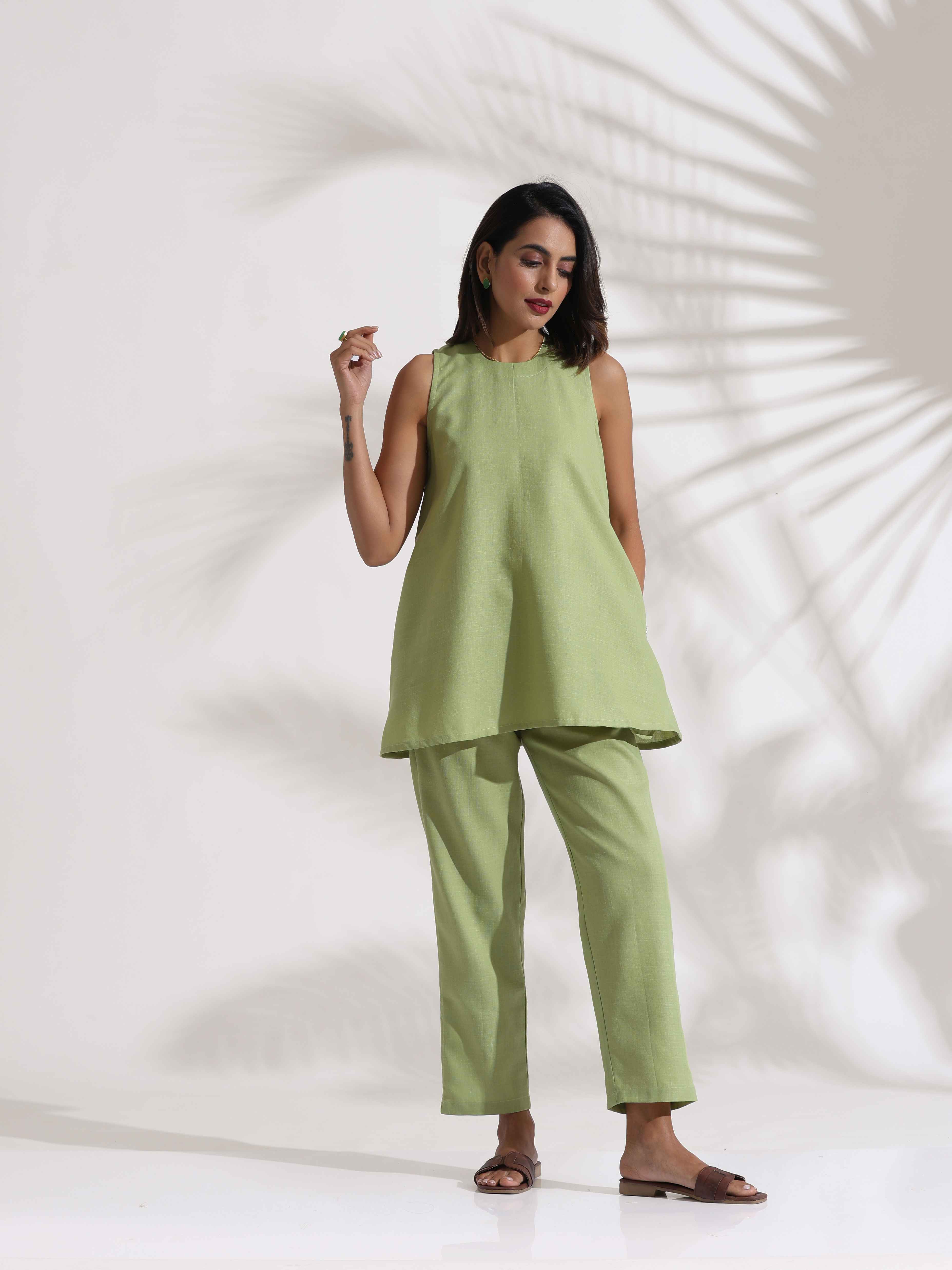 trueBrowns Green Slub Co-ord Set - Distacart