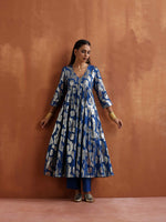 Thumbnail for trueBrowns Blue Metallic Flared Anarkali Kurta Set