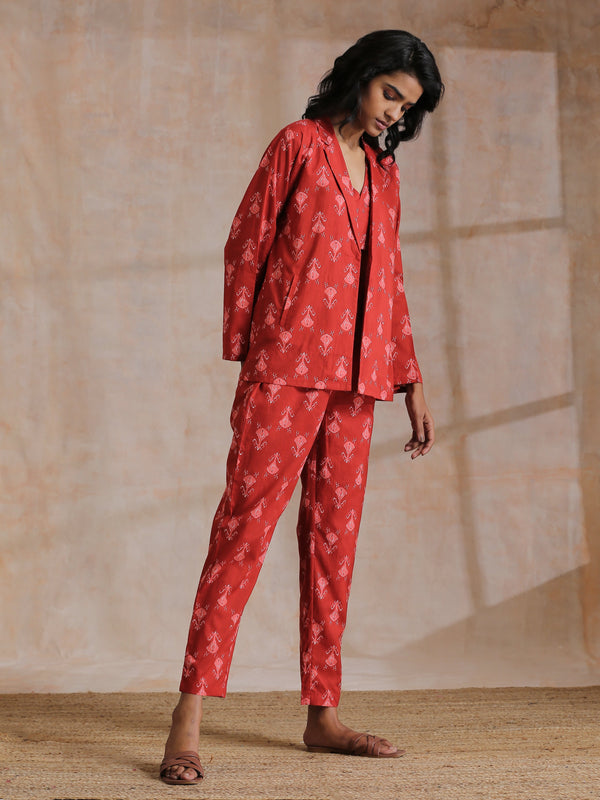 trueBrowns Red On Red Ikat Print Cotton Pant Suit Set - Distacart