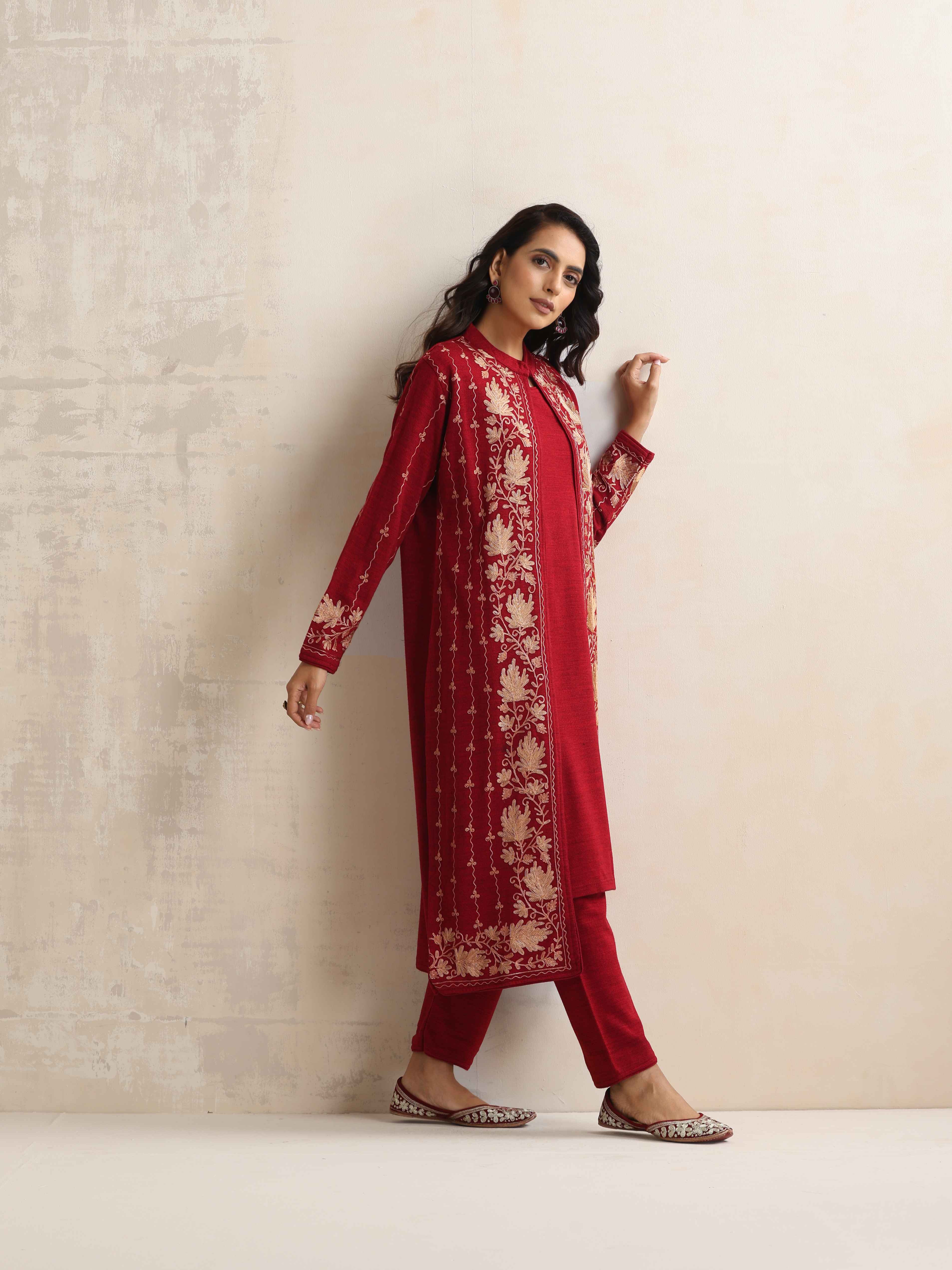 trueBrowns Red Kashmiri Woollen Jacket 3pc Set - Distacart