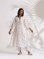 Thumbnail for trueBrowns Off-White Cotton Floral Embroidered Flared Kurta Set