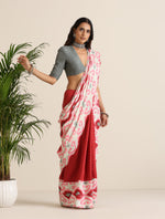 Thumbnail for trueBrowns Maroon Grey Muslin Ikat Saree