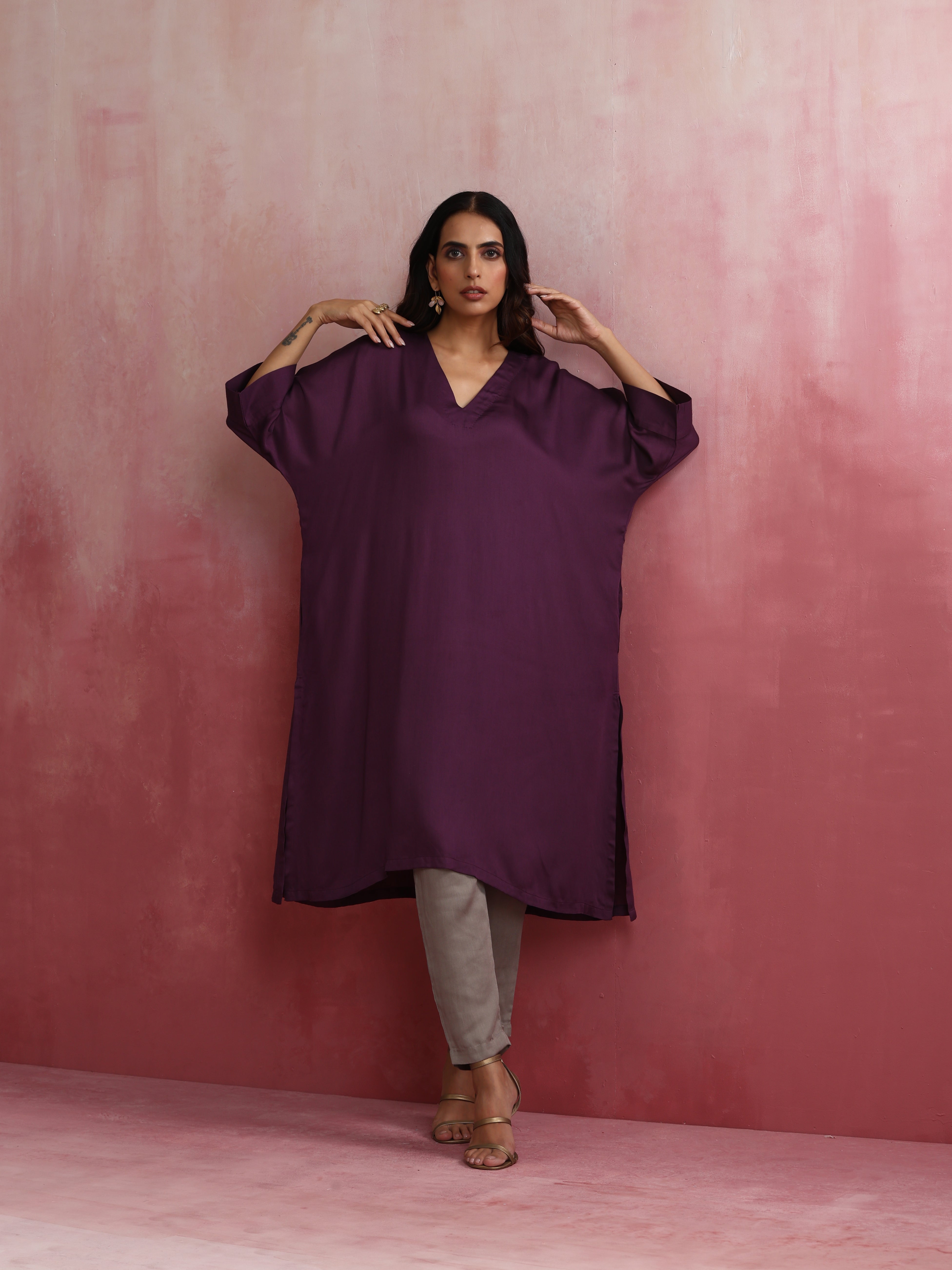 trueBrowns Purple Modal Kimono Kurta Set - Distacart