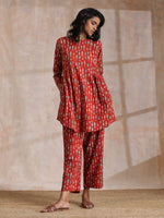 Thumbnail for trueBrowns Rust Red Bagru Fish Print Cotton Gathers Co-Ord Set - Distacart