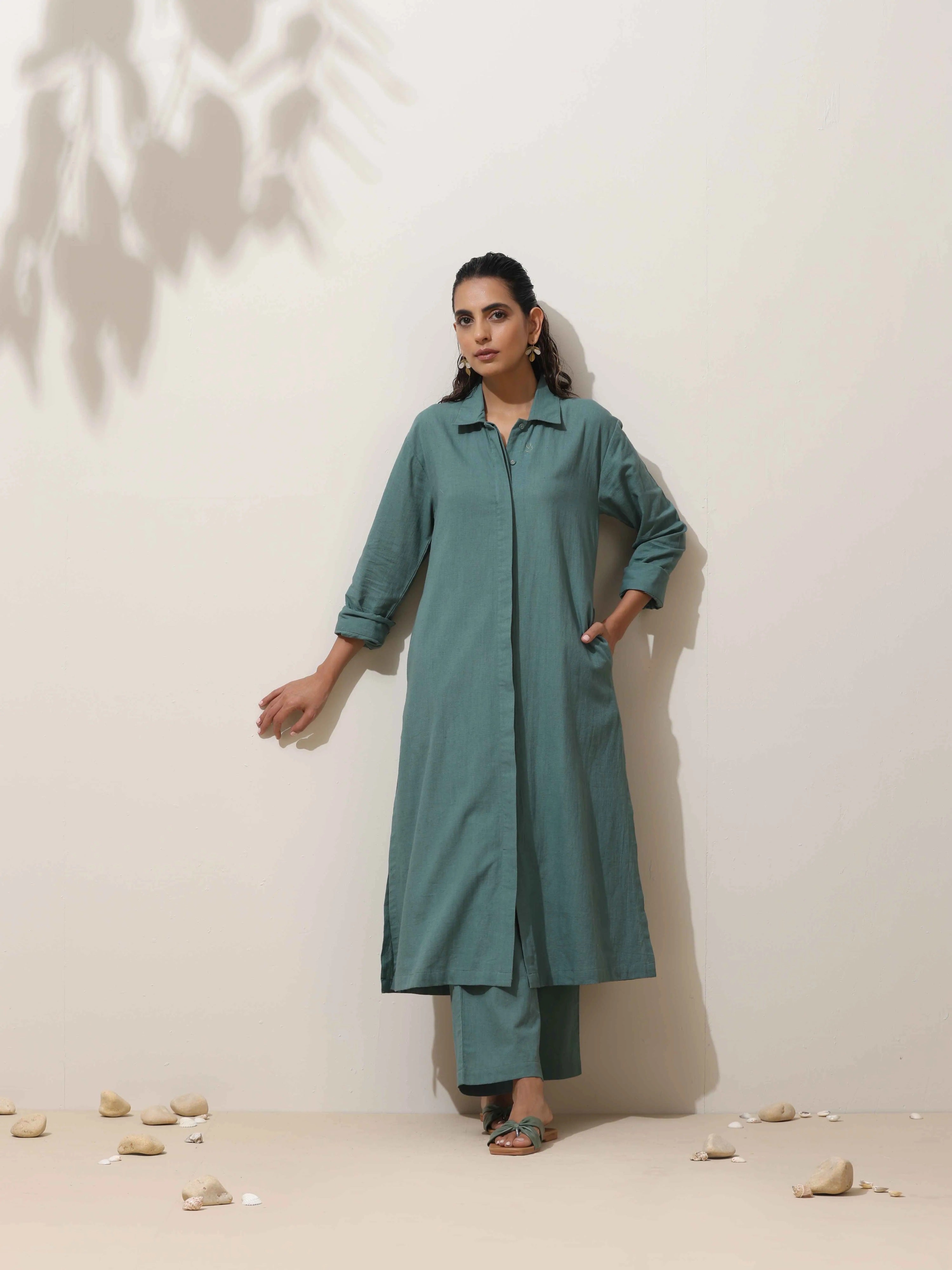 trueBrowns Green Cotton Linen Kurta Pant Set - Distacart