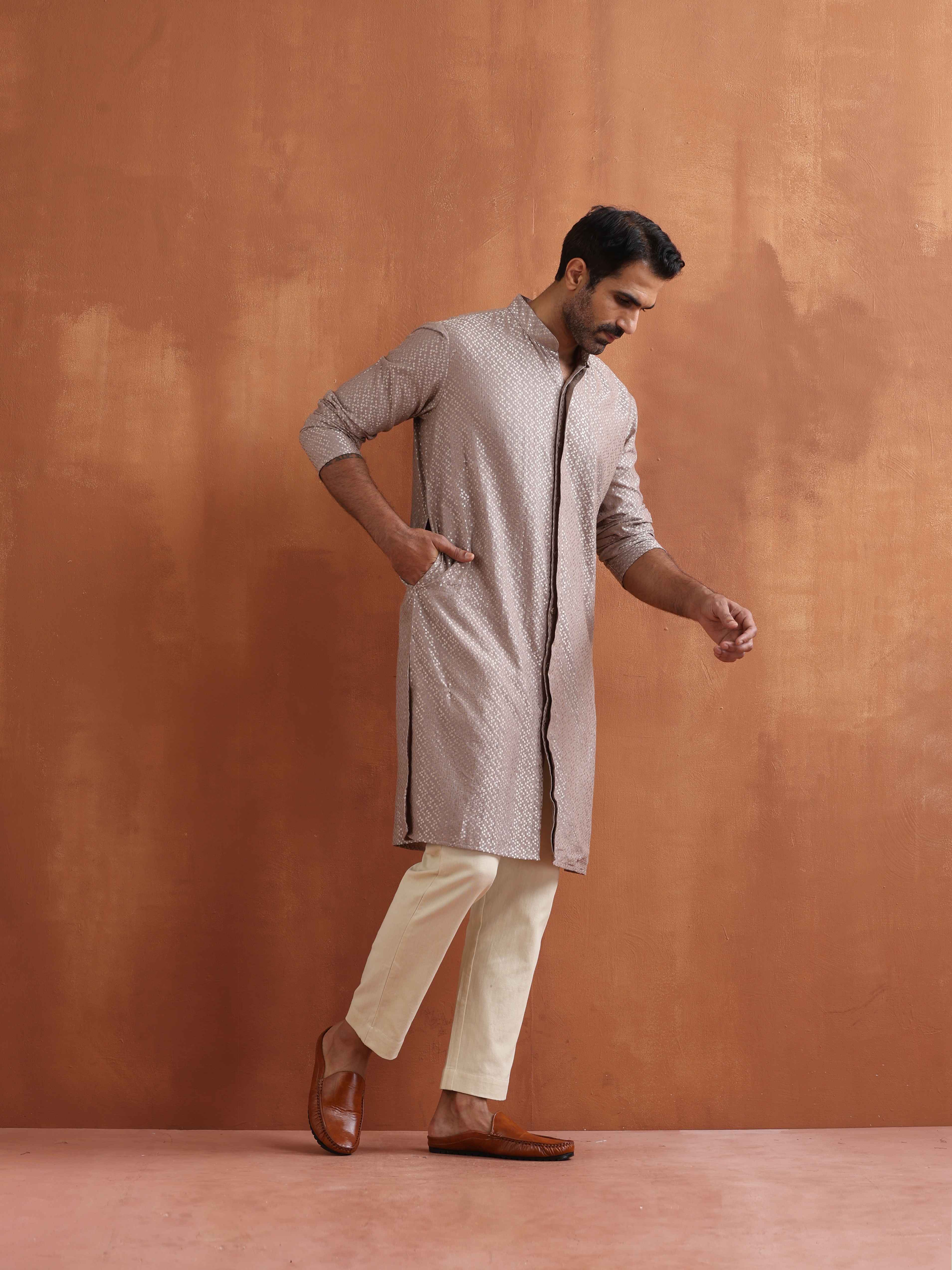trueBrowns Men's Beige Cotton Dobby Kurta - Distacart