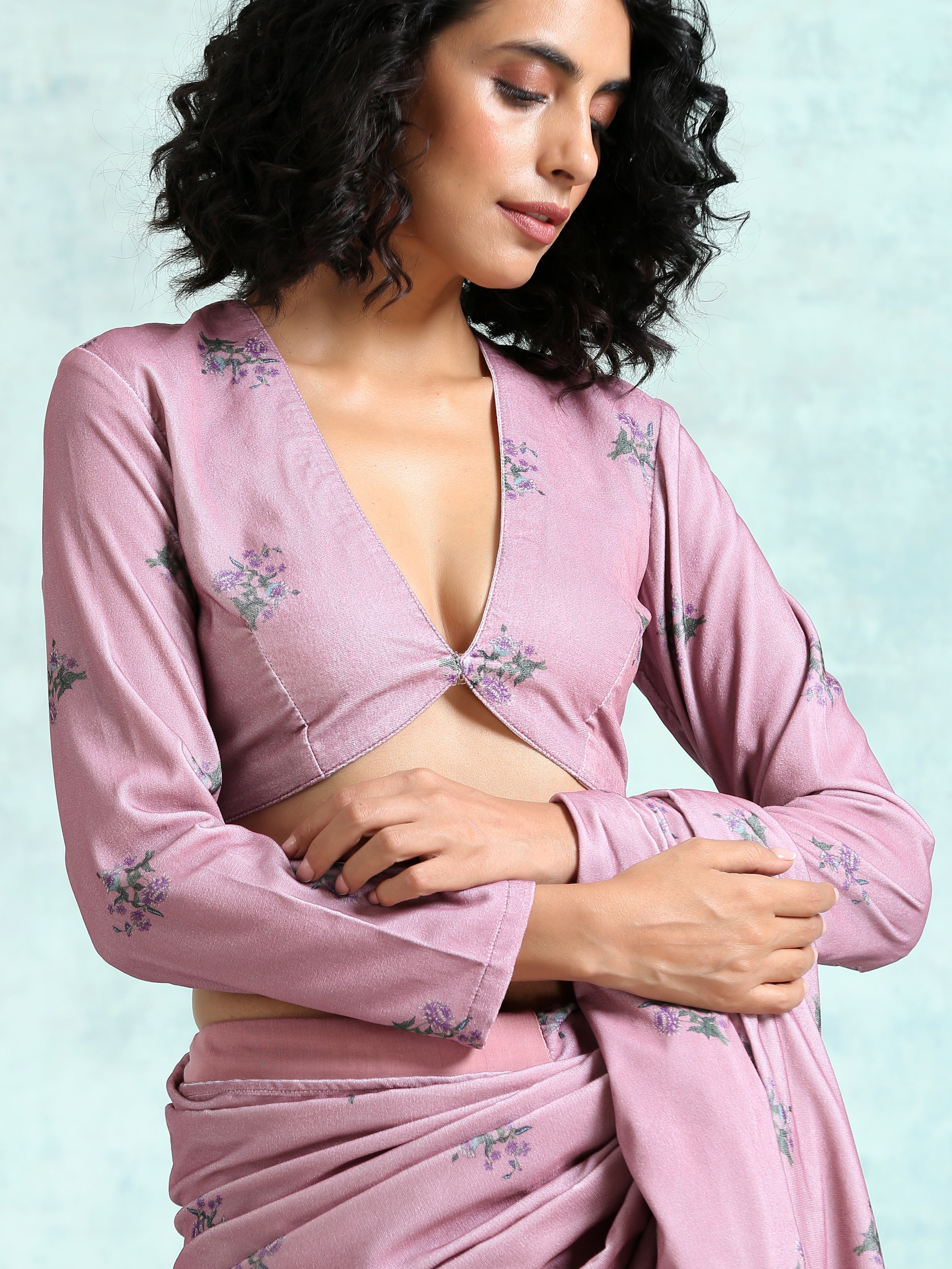 trueBrowns Light Mauve Printed Velvet Blouse - Distacart