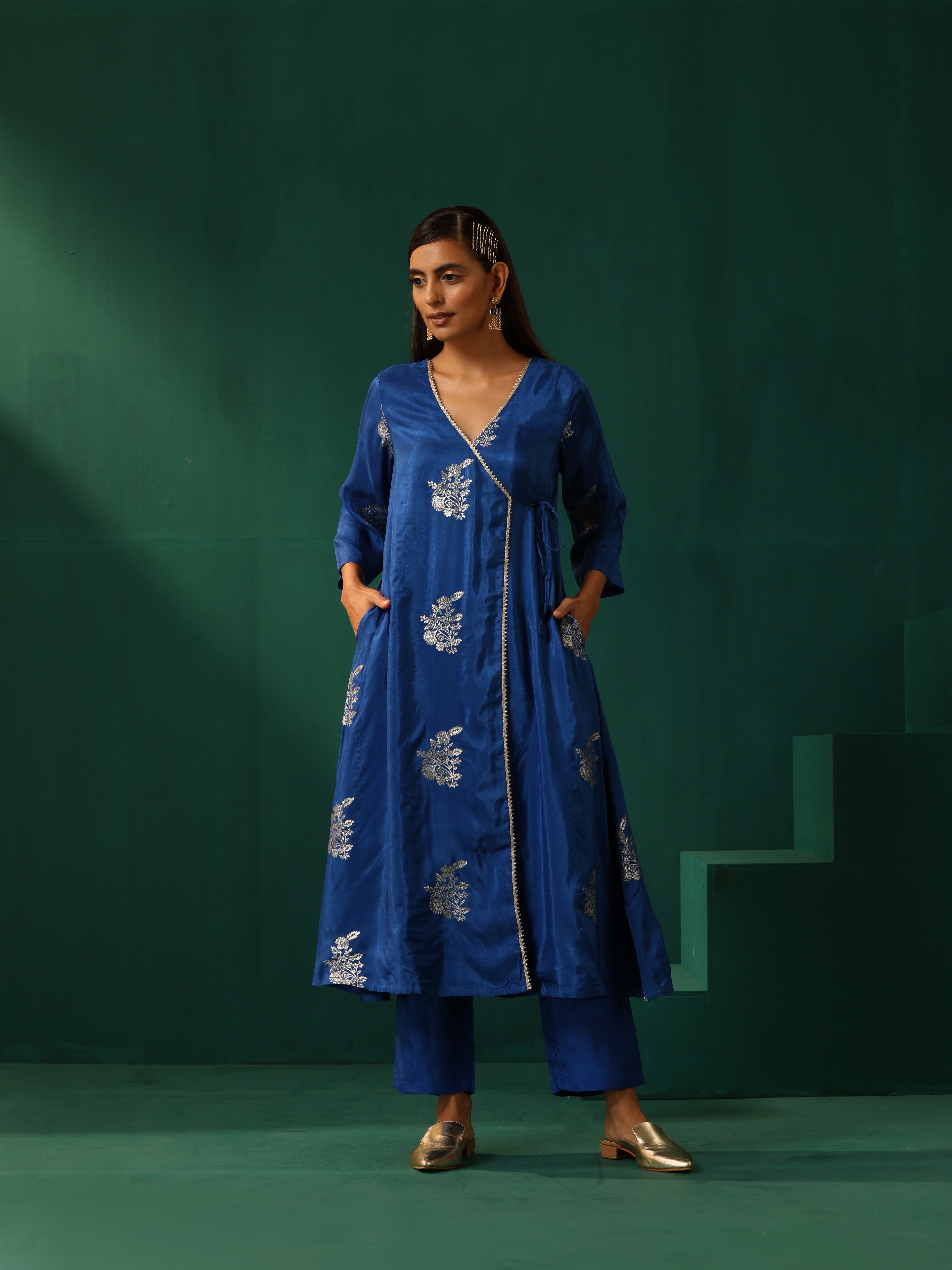 trueBrowns Royal Blue Floral Viscose Silk Angrakha Kurta Pant Set - Distacart