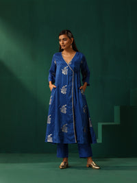 Thumbnail for trueBrowns Royal Blue Floral Viscose Silk Angrakha Kurta Pant Set - Distacart